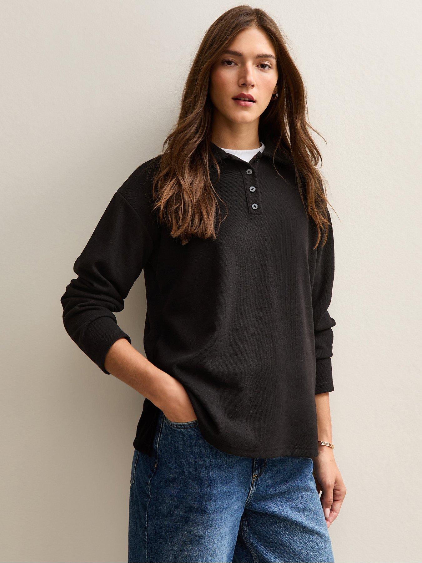 new-look-black-soft-touch-longline-button-up-polo-top