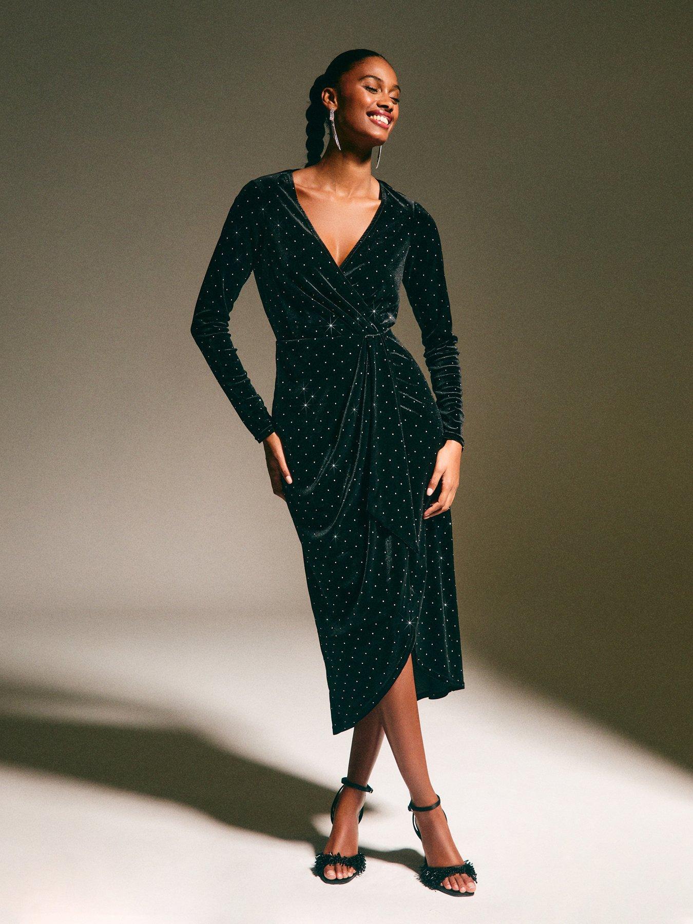 New Look Black Velvet Diamante Embellished Wrap Midi Dress