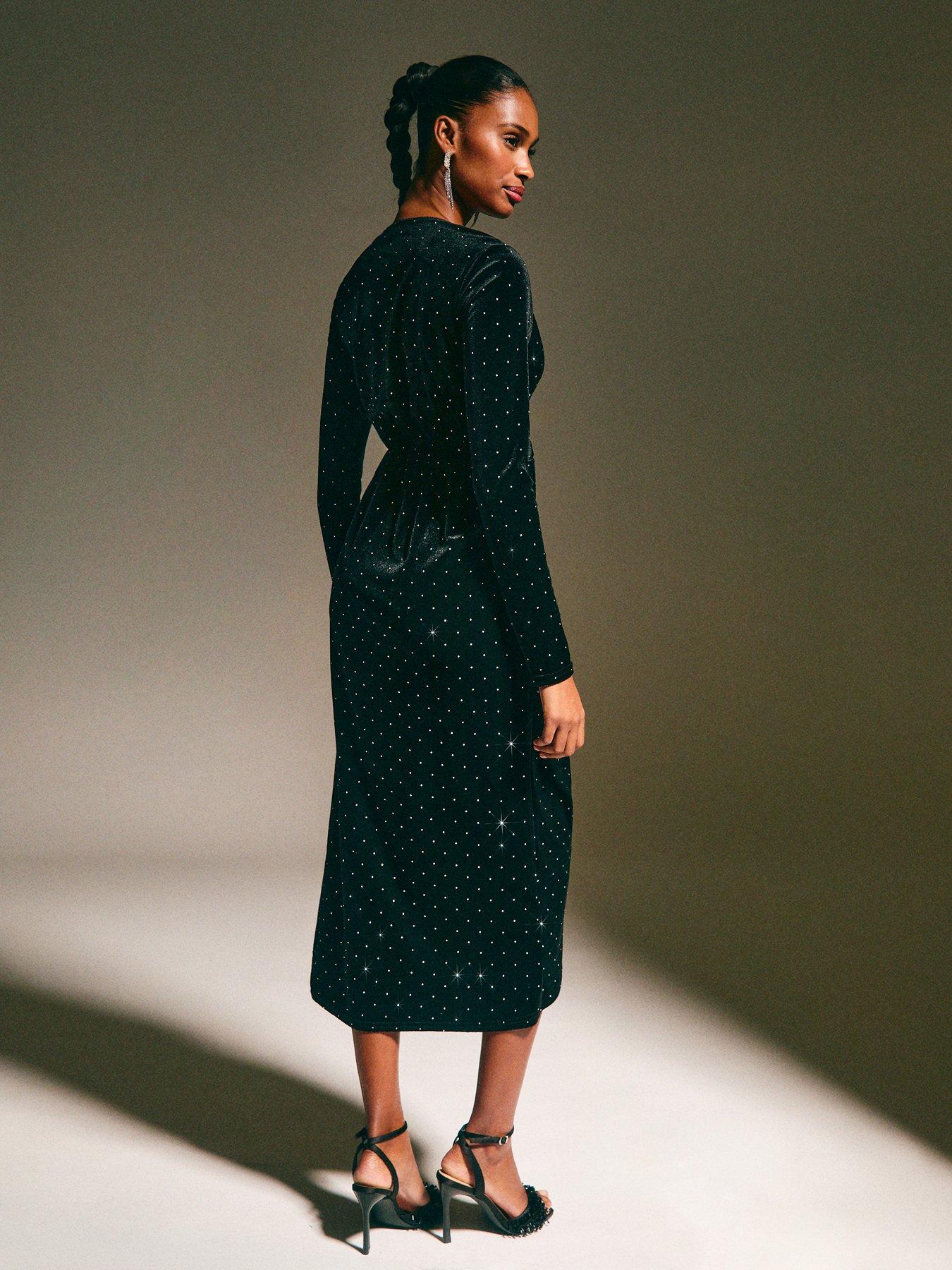 New Look Black Velvet Diamante Embellished Wrap Midi Dress | Very Ireland