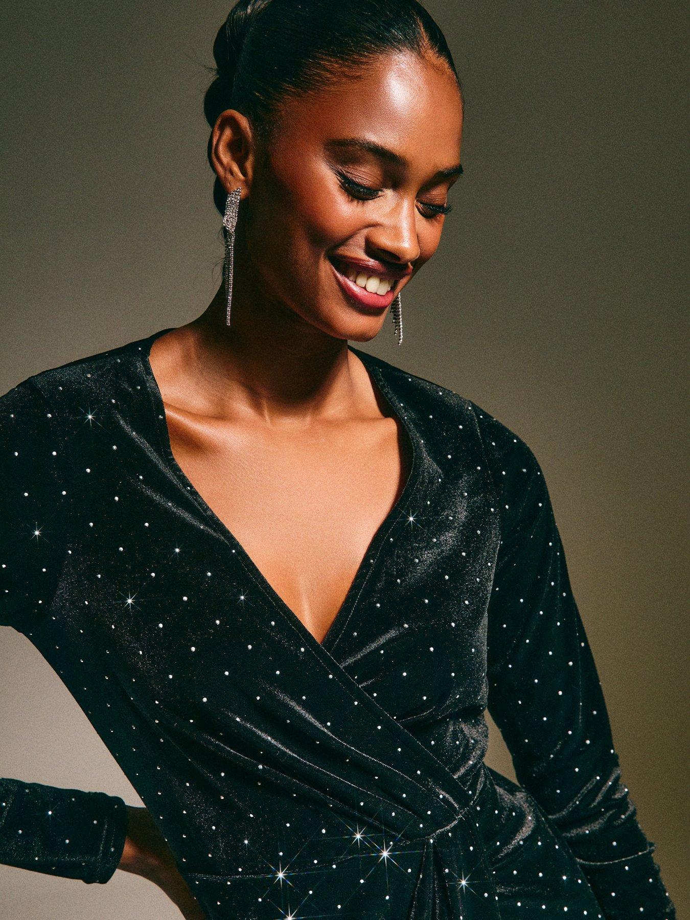 New Look Black Velvet Diamante Embellished Wrap Midi Dress | Very Ireland