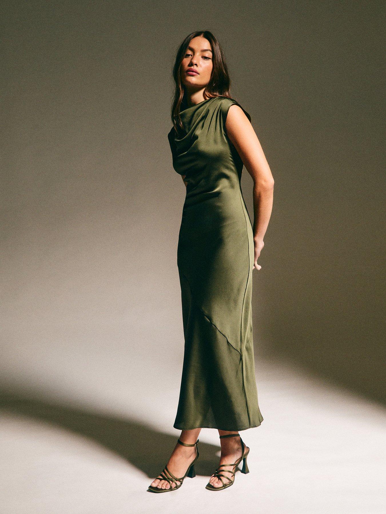 knee length dresses for ladies Green Silk Cowl Neck Midi Dress