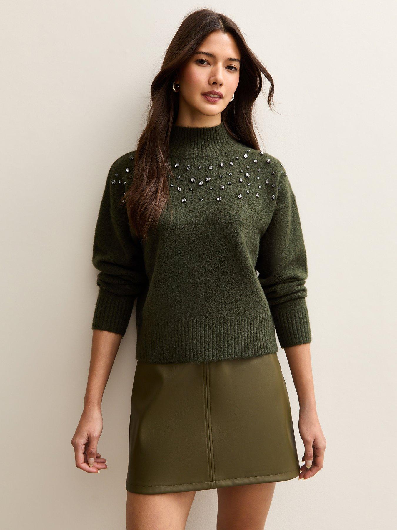 New Look Diamante High Neck Jumper - Khaki