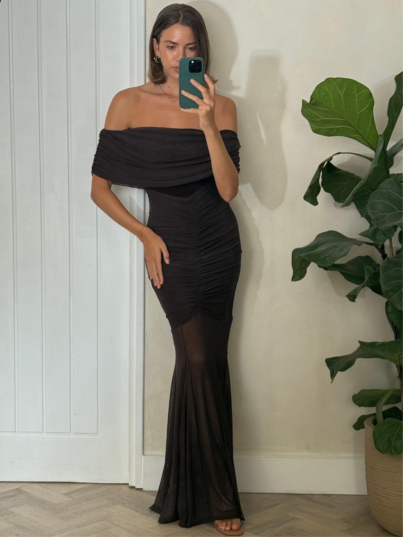 style-cheat-mesh-bardot-cinched-midi-dress-brownfront