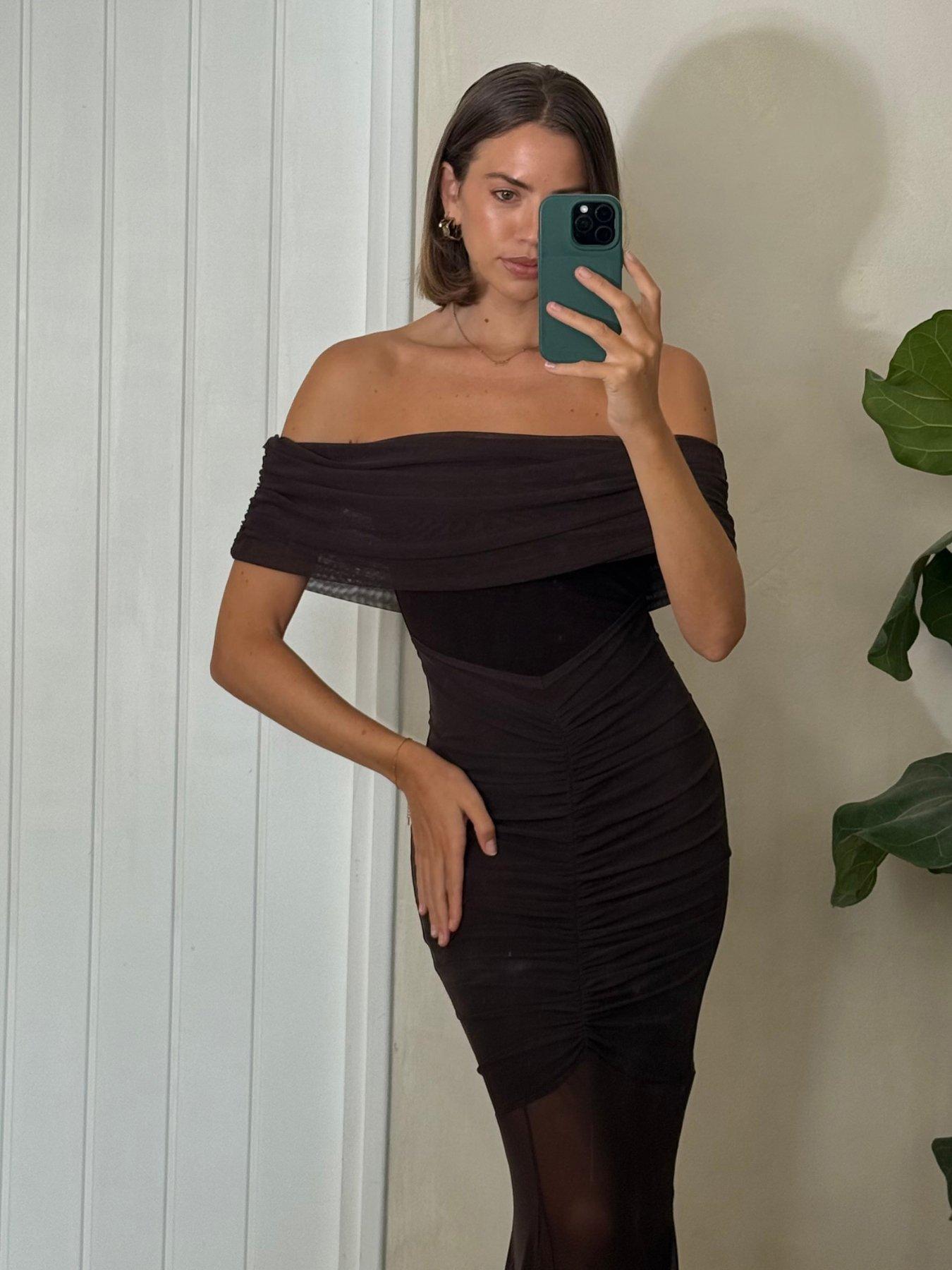 style-cheat-mesh-bardot-cinched-midi-dress-brownstillFront