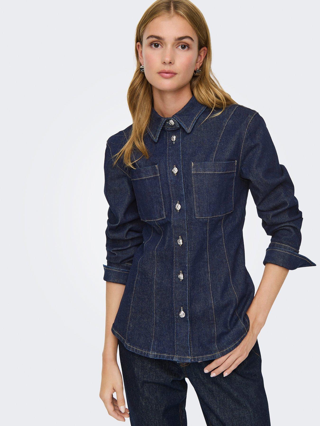 Only Rosie Long Sleeve Fitted Denim Jacket With Metal Button Detailing - Blue Denim