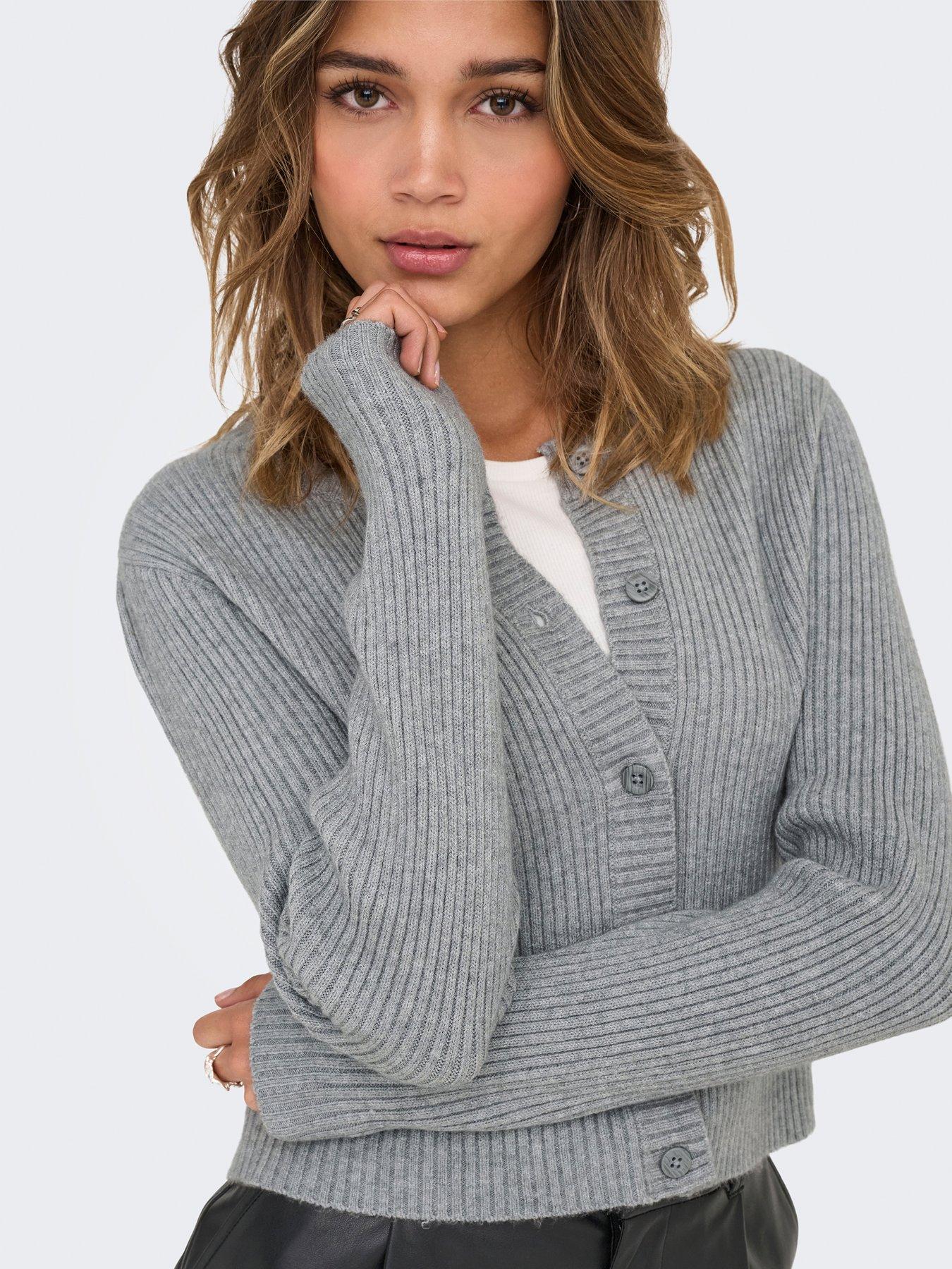 only-long-sleeve-button-down-rib-knit-cardigan-grey