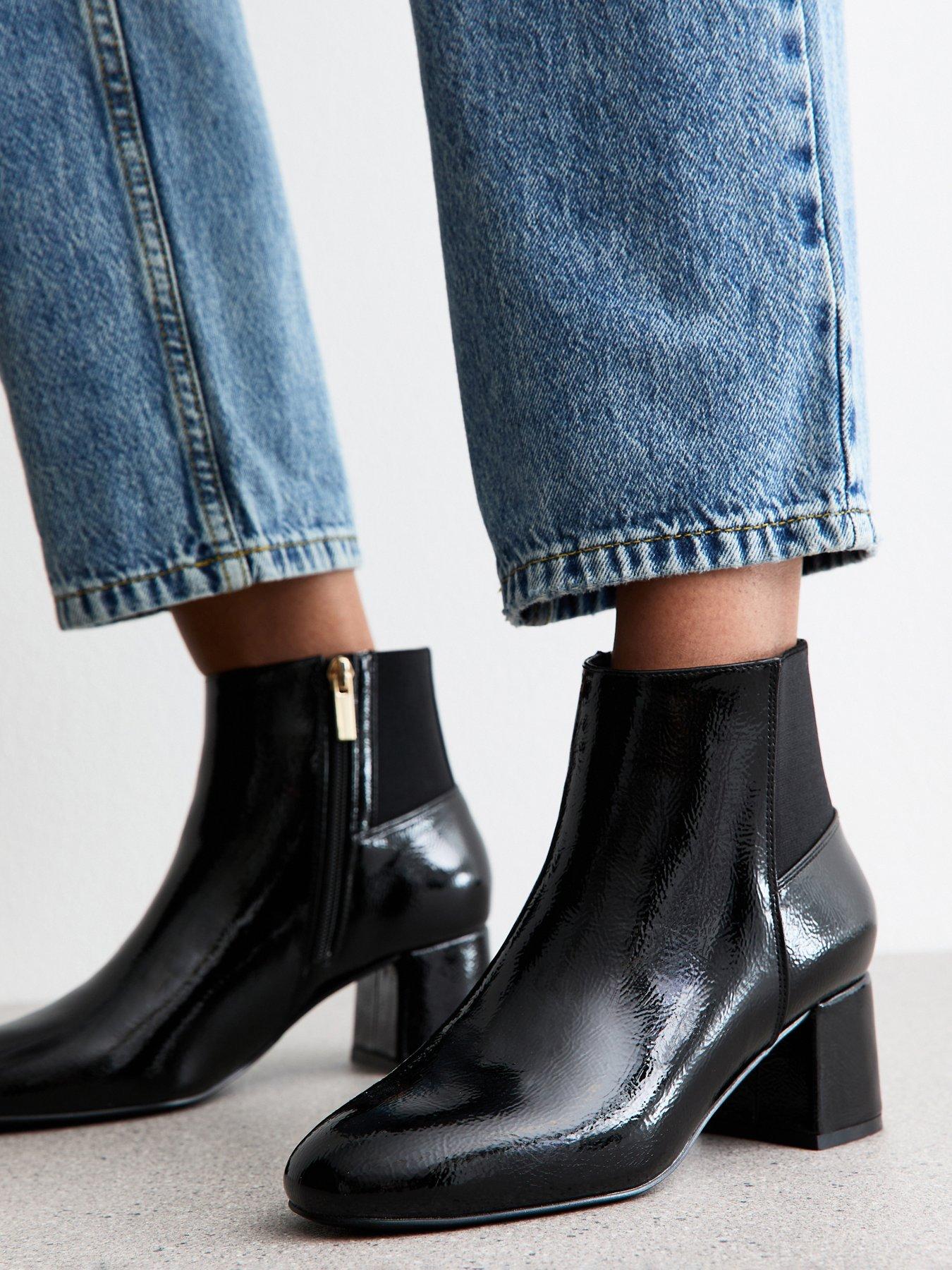 Image 1 of 6 of New Look Black Textured Faux Leather Patent Ankle Boots