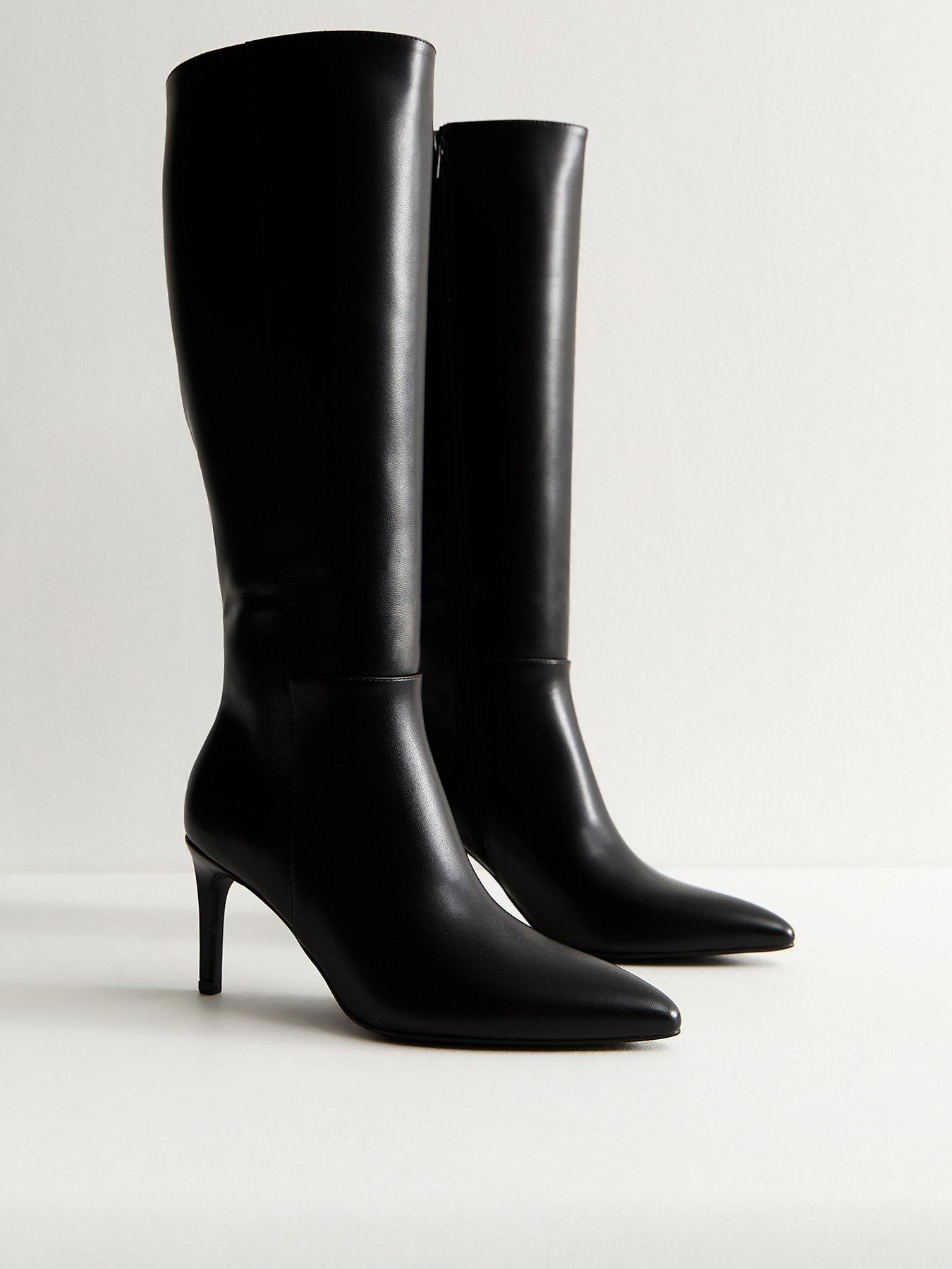 Image 2 of 6 of New Look Black Faux Leather Zip Up Stiletto Knee High Boots