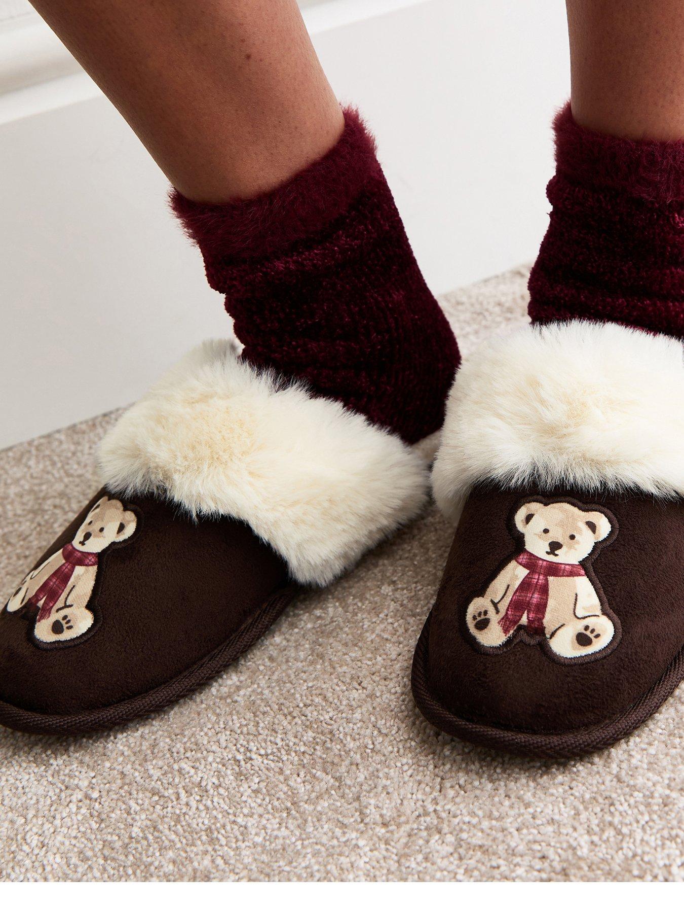Image 1 of 4 of New Look Brown Teddy Bear Applique Mule Slippers