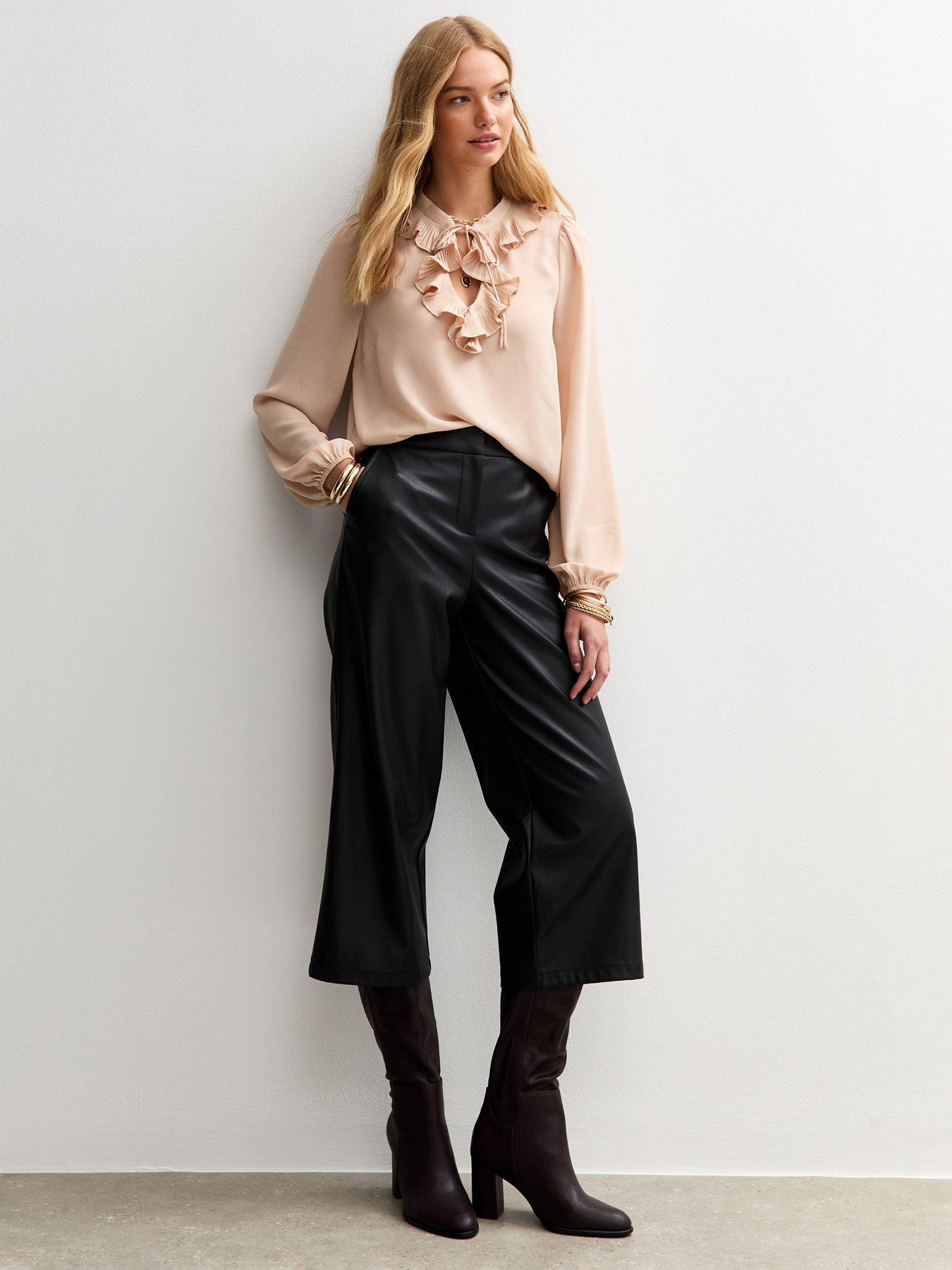Image 1 of 6 of New Look Carter PU Culotte Trousers - Black