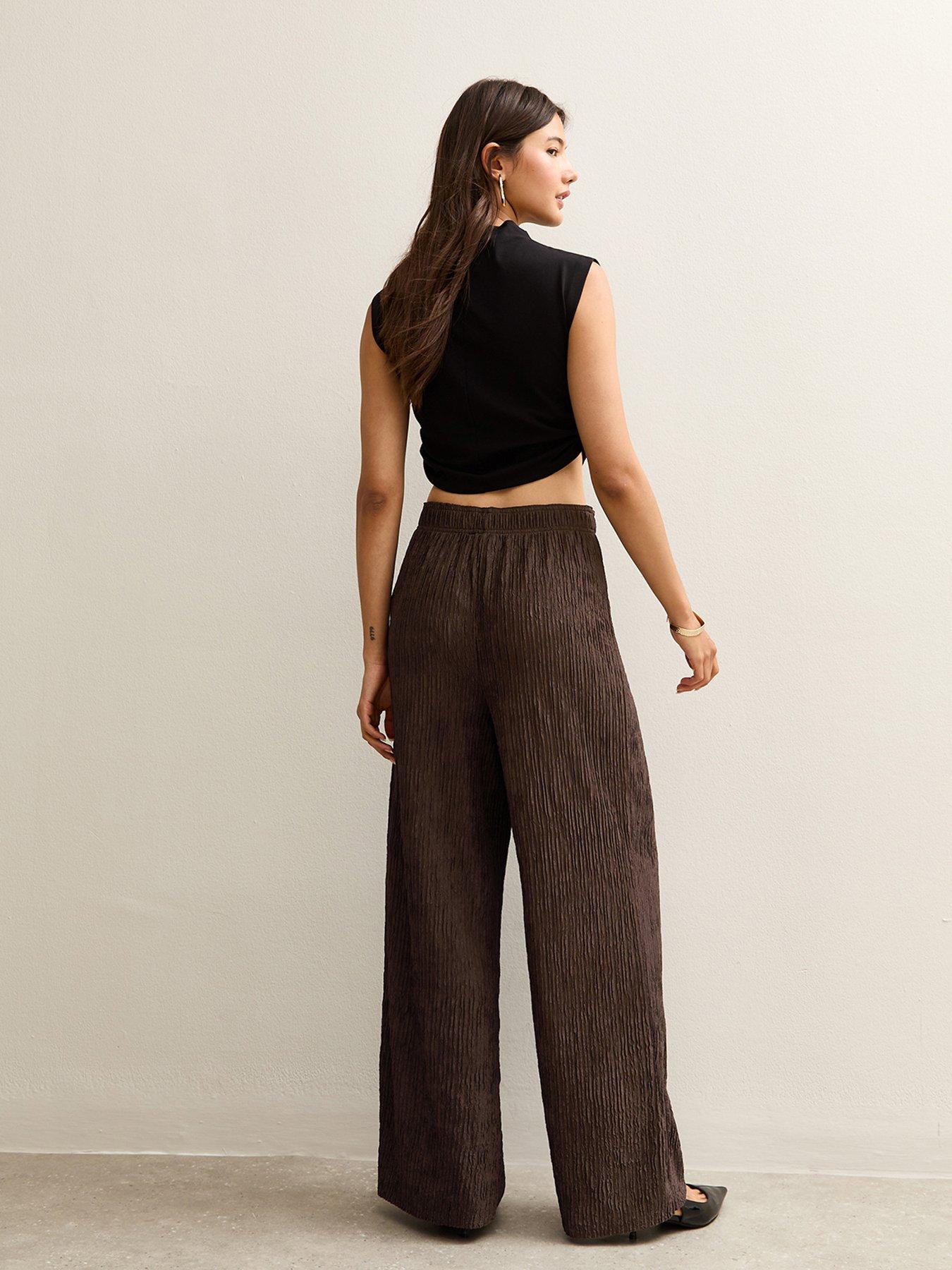 Image 2 of 6 of New Look Brown Textured Jersey Wide Leg Trousers