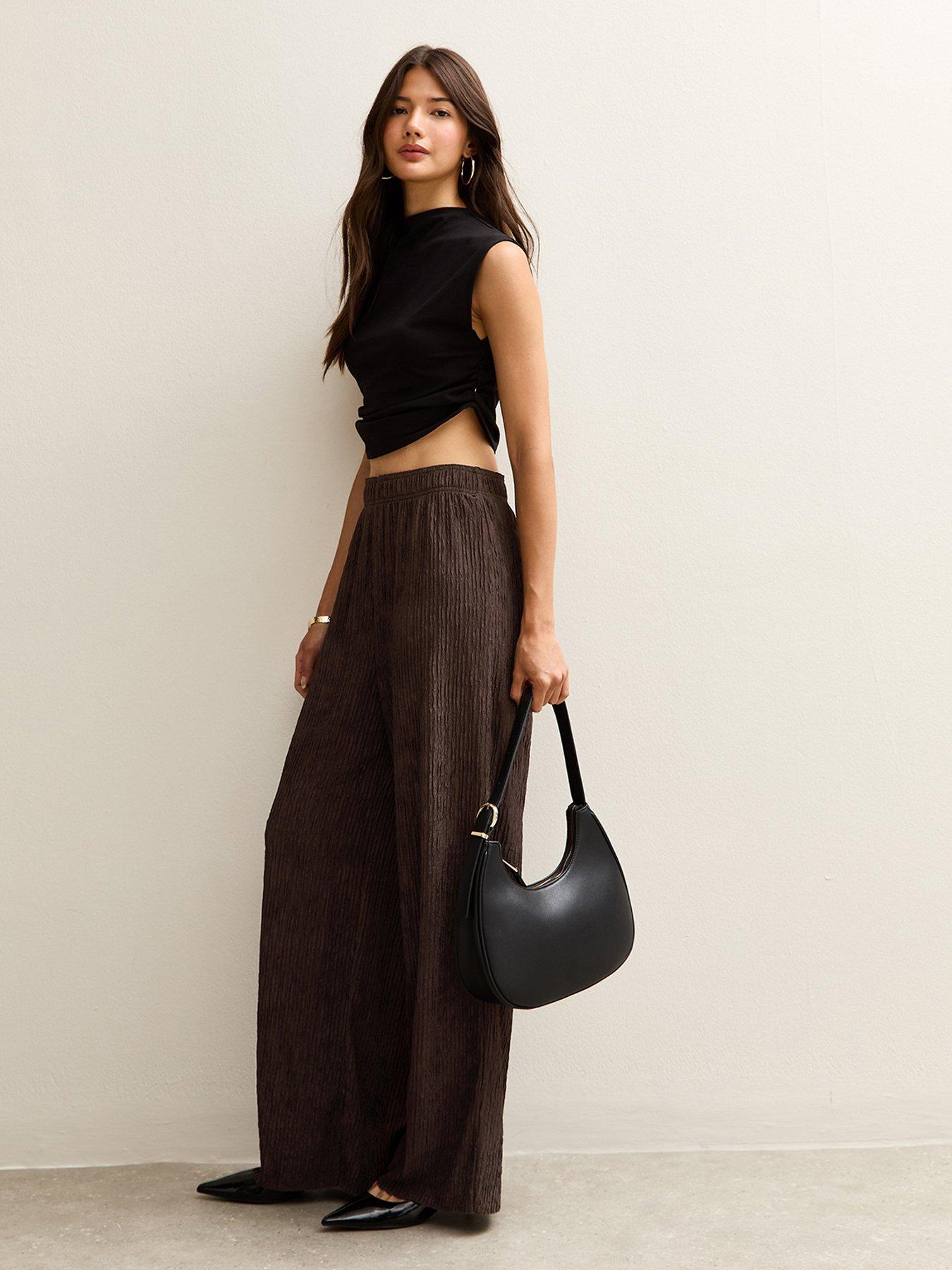 Image 3 of 6 of New Look Brown Textured Jersey Wide Leg Trousers