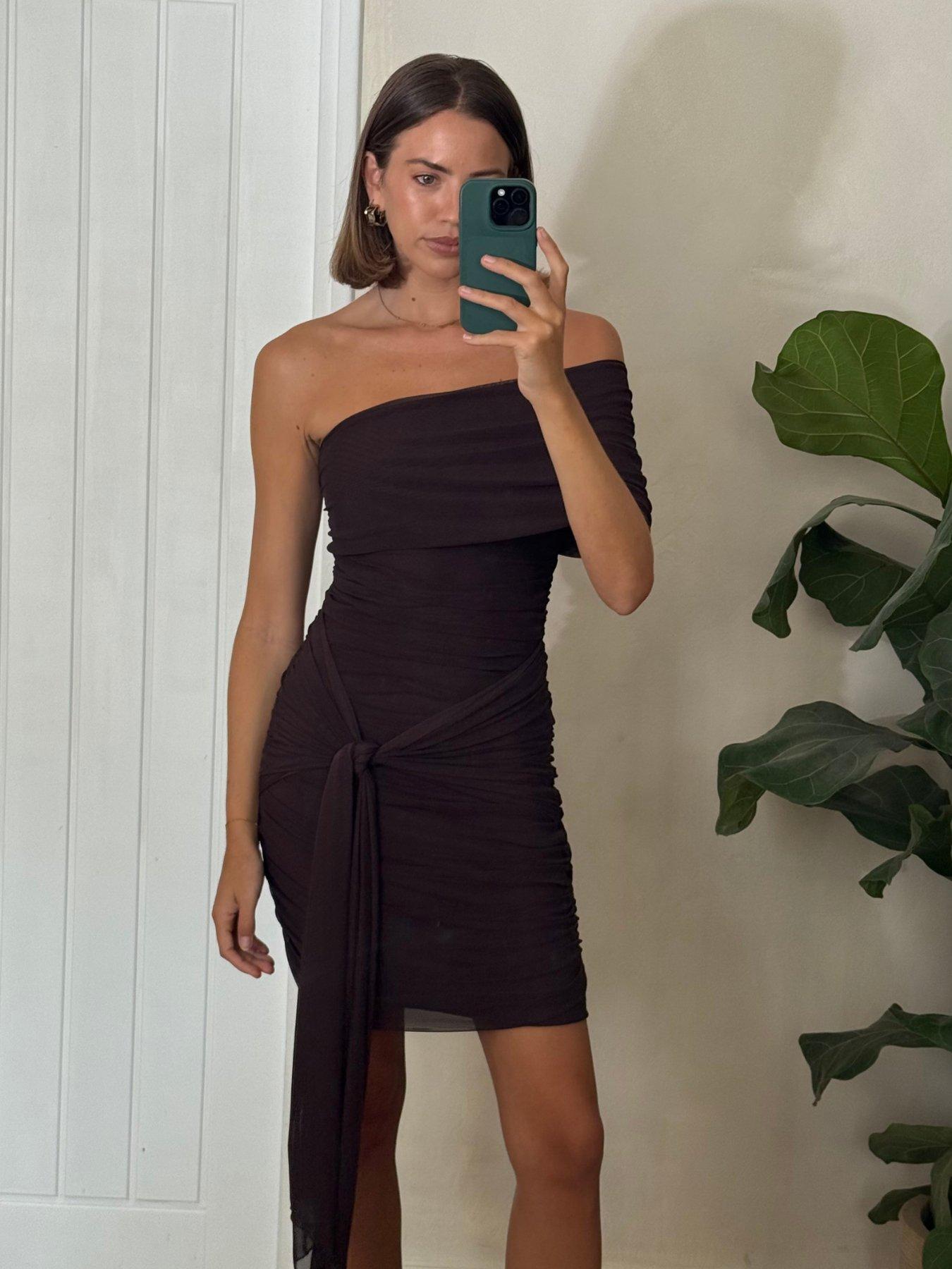 style-cheat-mesh-one-shoulder-ruched-mini-dress-brownoutfit