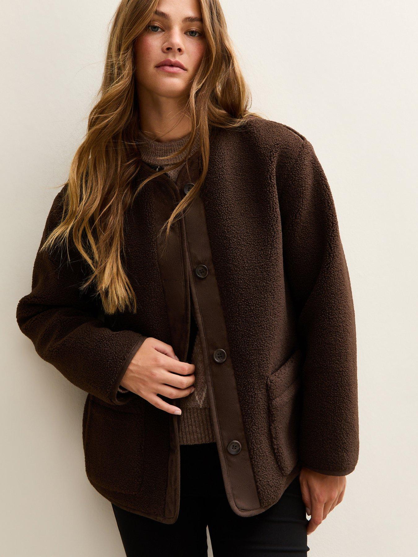 Image 1 of 6 of New Look Borg Button Through Jacket - Dark Brown
