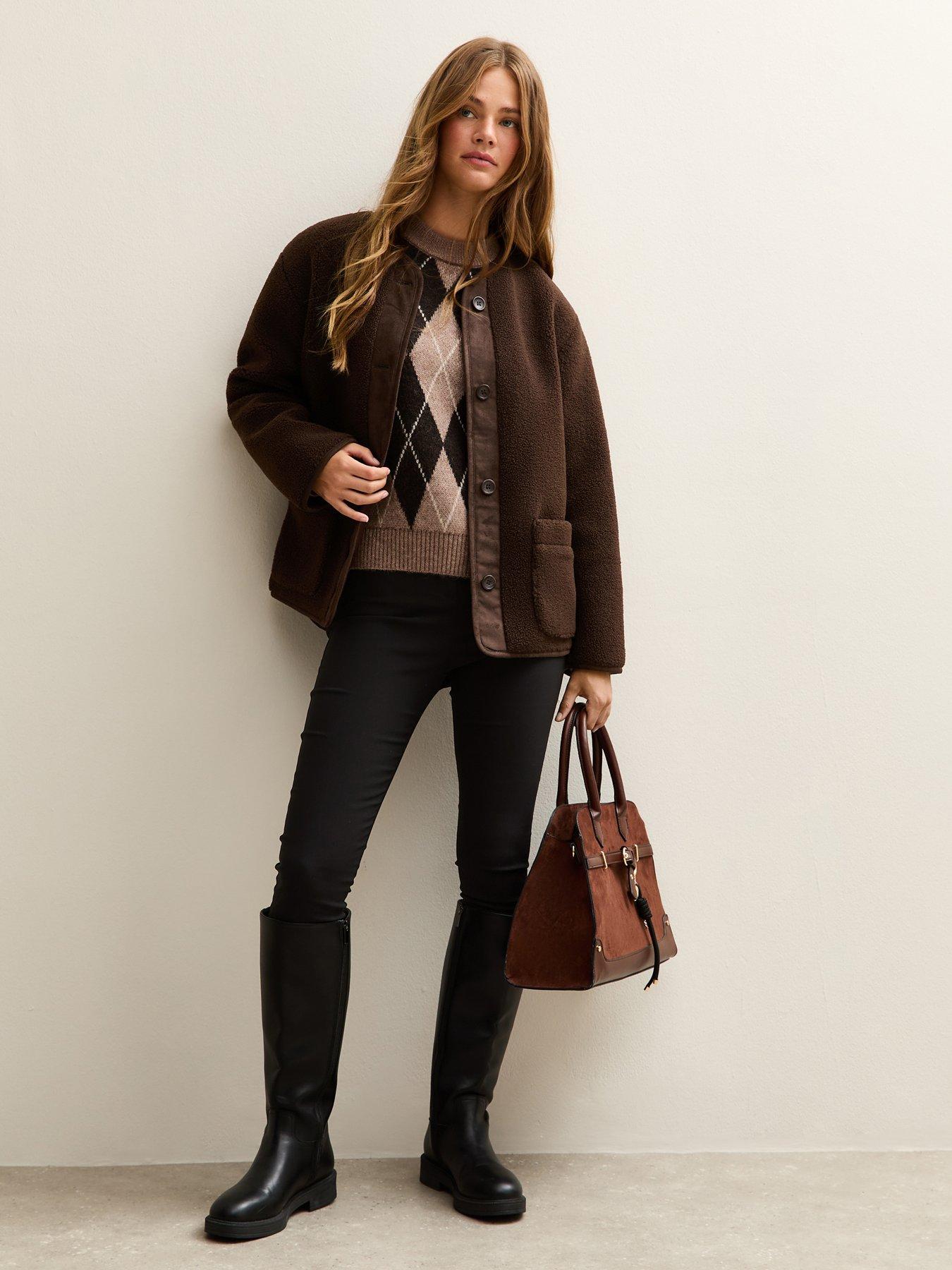 Image 3 of 6 of New Look Borg Button Through Jacket - Dark Brown