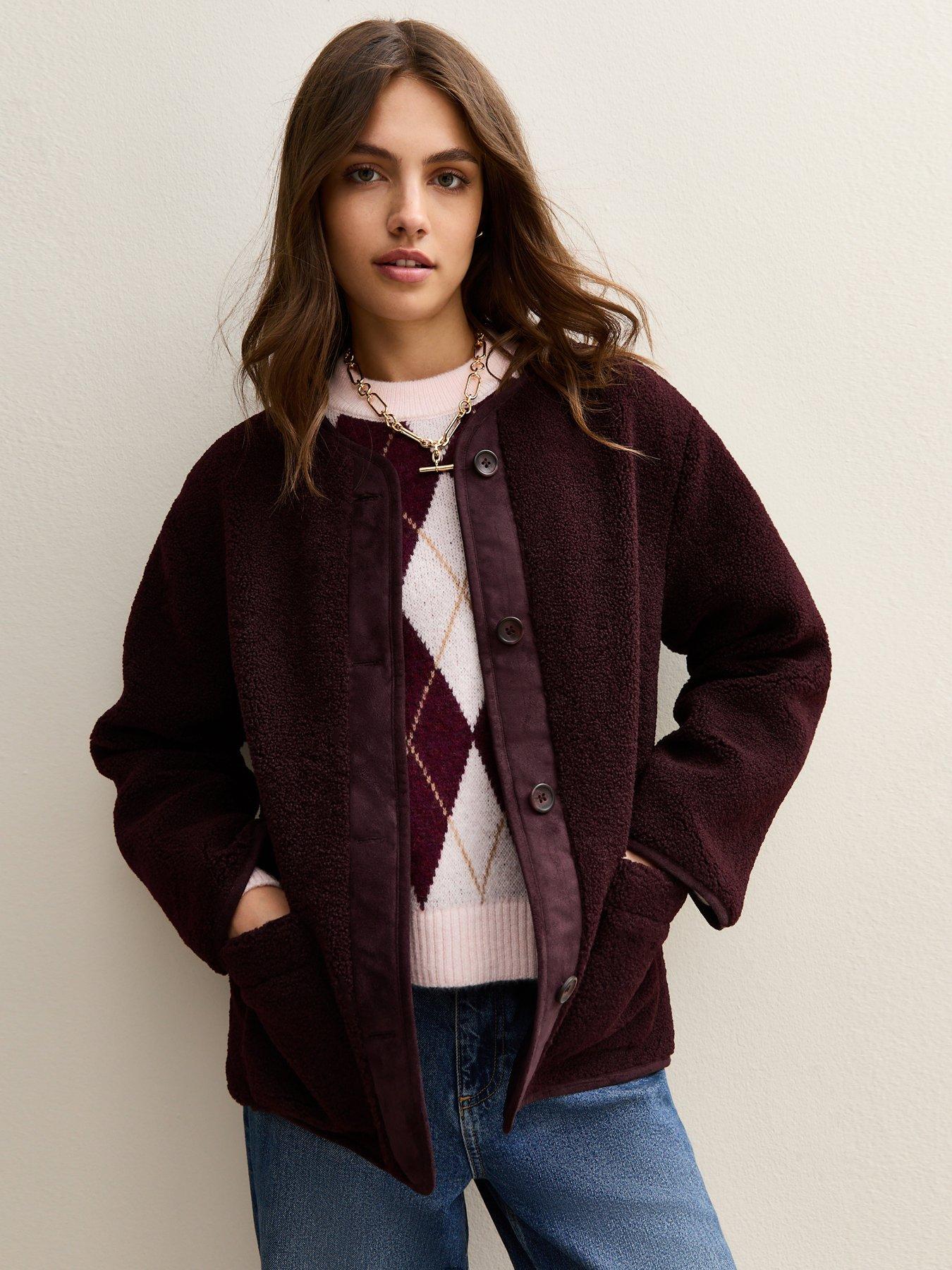 New Look Borg Button Through Jacket - Dark Burgundy