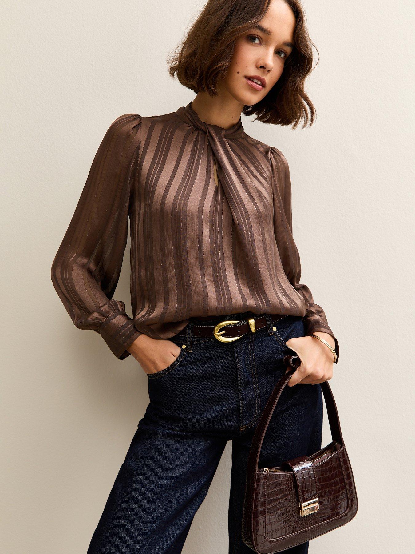 new-look-metallic-stripe-high-neck-blouse-dark-brown
