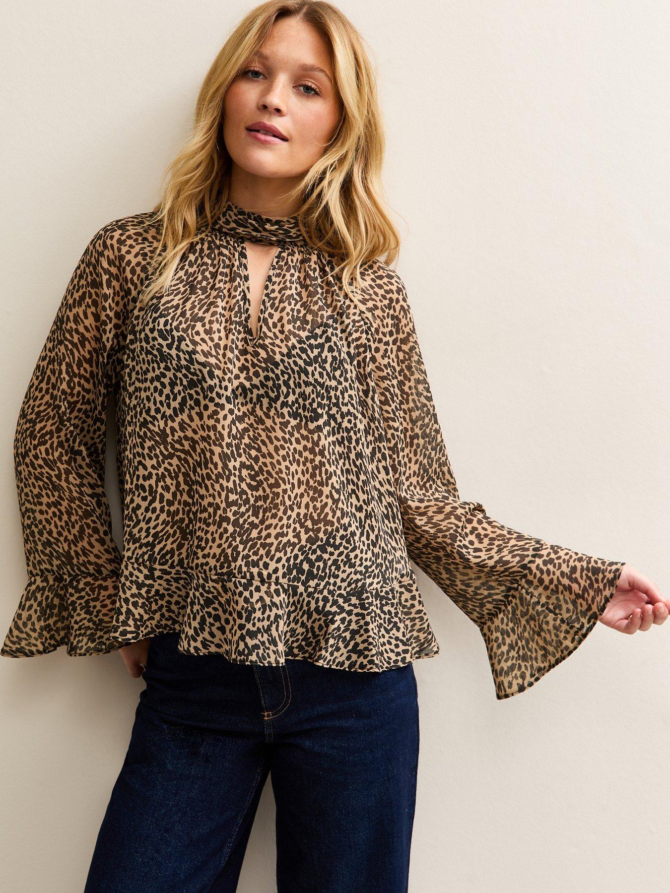 new-look-brown-animal-print-high-neck-keyhole-blouse