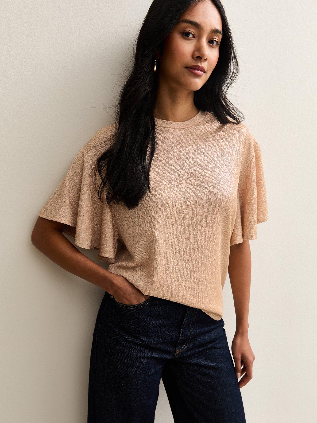 New Look Rose Gold Metallic Jersey Flutter Sleeve Top