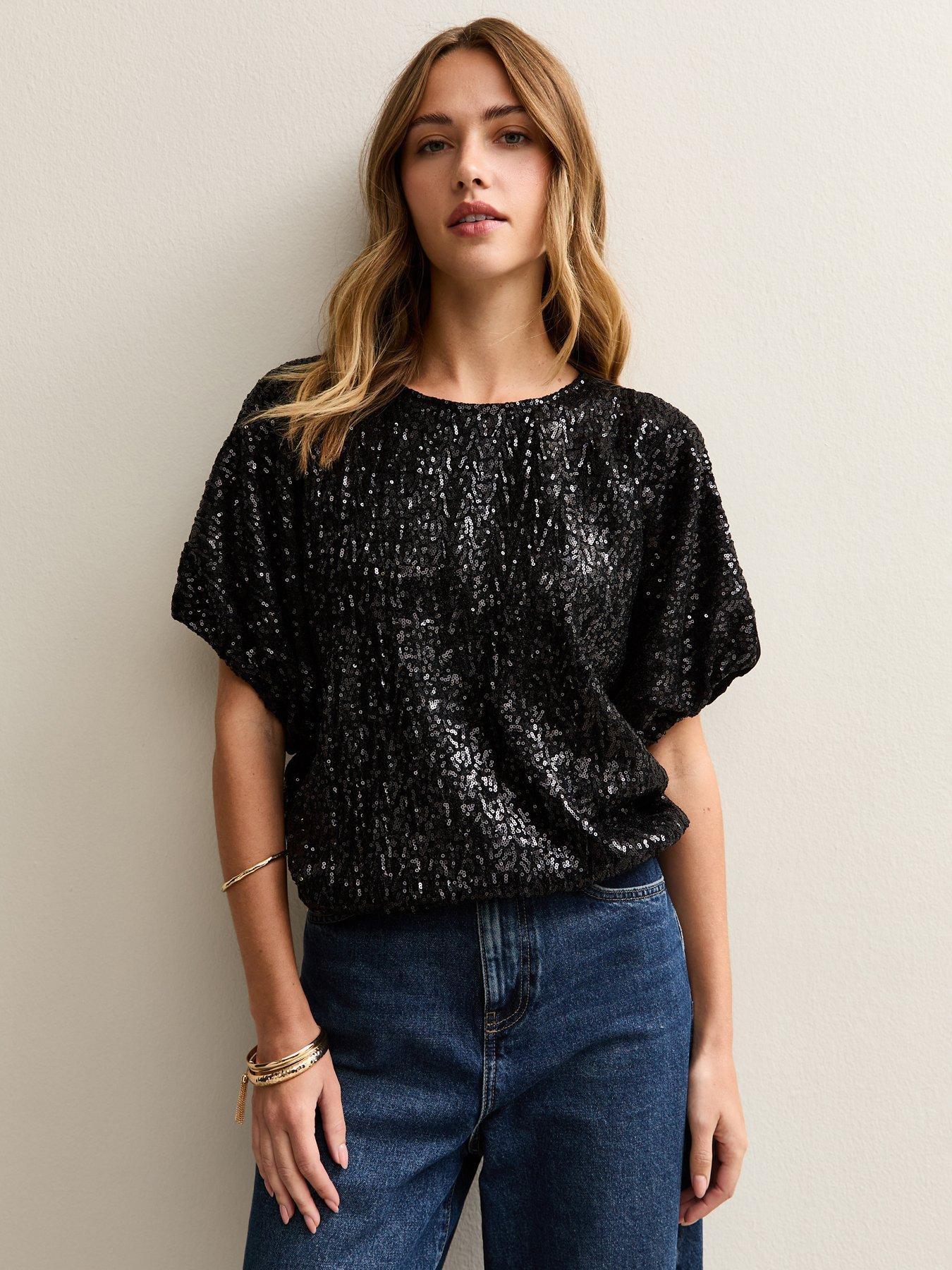 new-look-black-bubble-hem-sequin-top