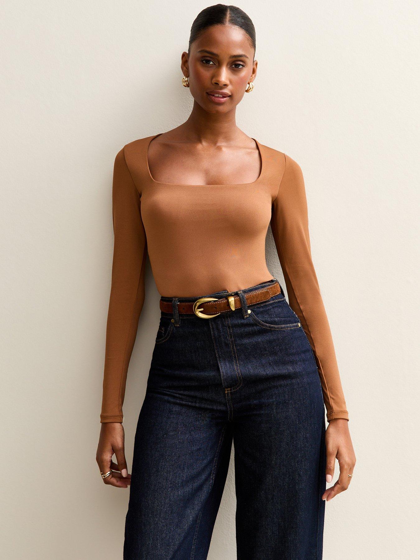 New Look Brown Slinky Jersey Square Neck Long Sleeve Bodysuit