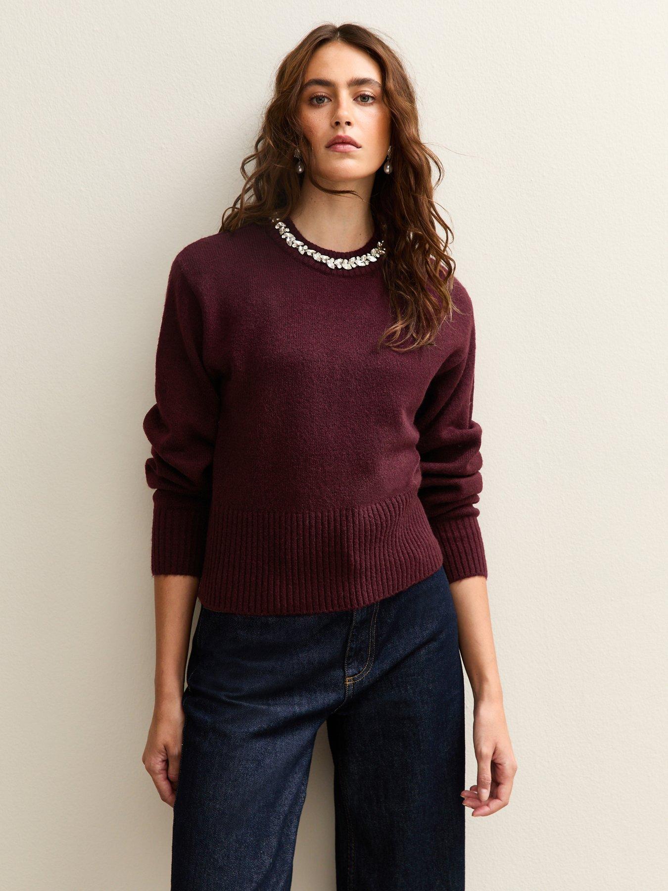New Look Burgundy Embellished Necklace Jumper