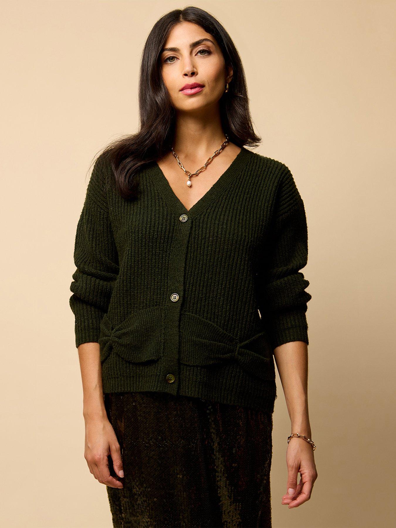 Little Mistress Bow Pocket Detail Cardigan - Khaki Green