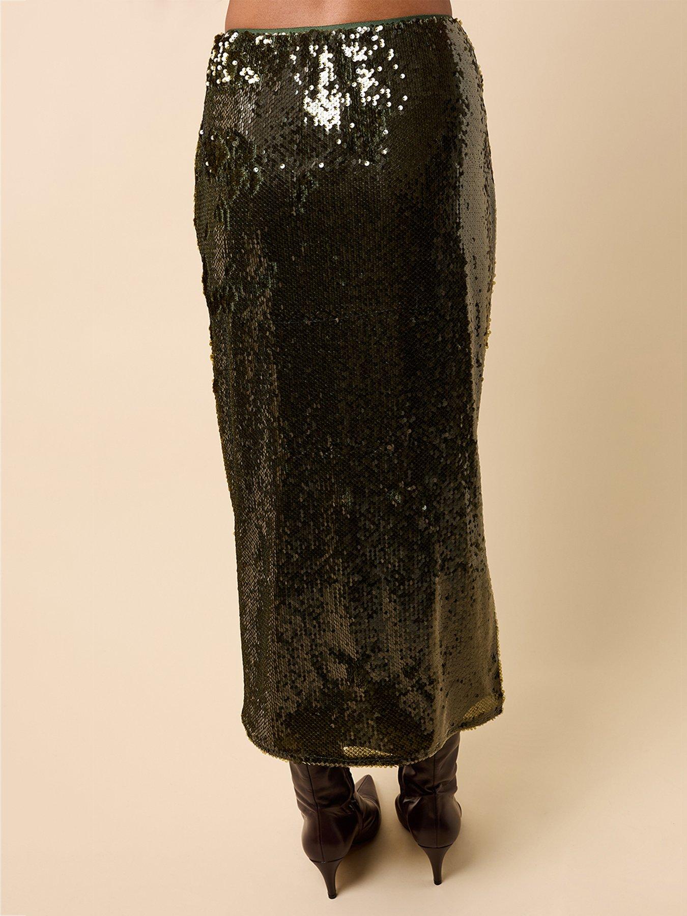 little-mistress-khaki-sequin-midaxi-skirt-greenstillFront