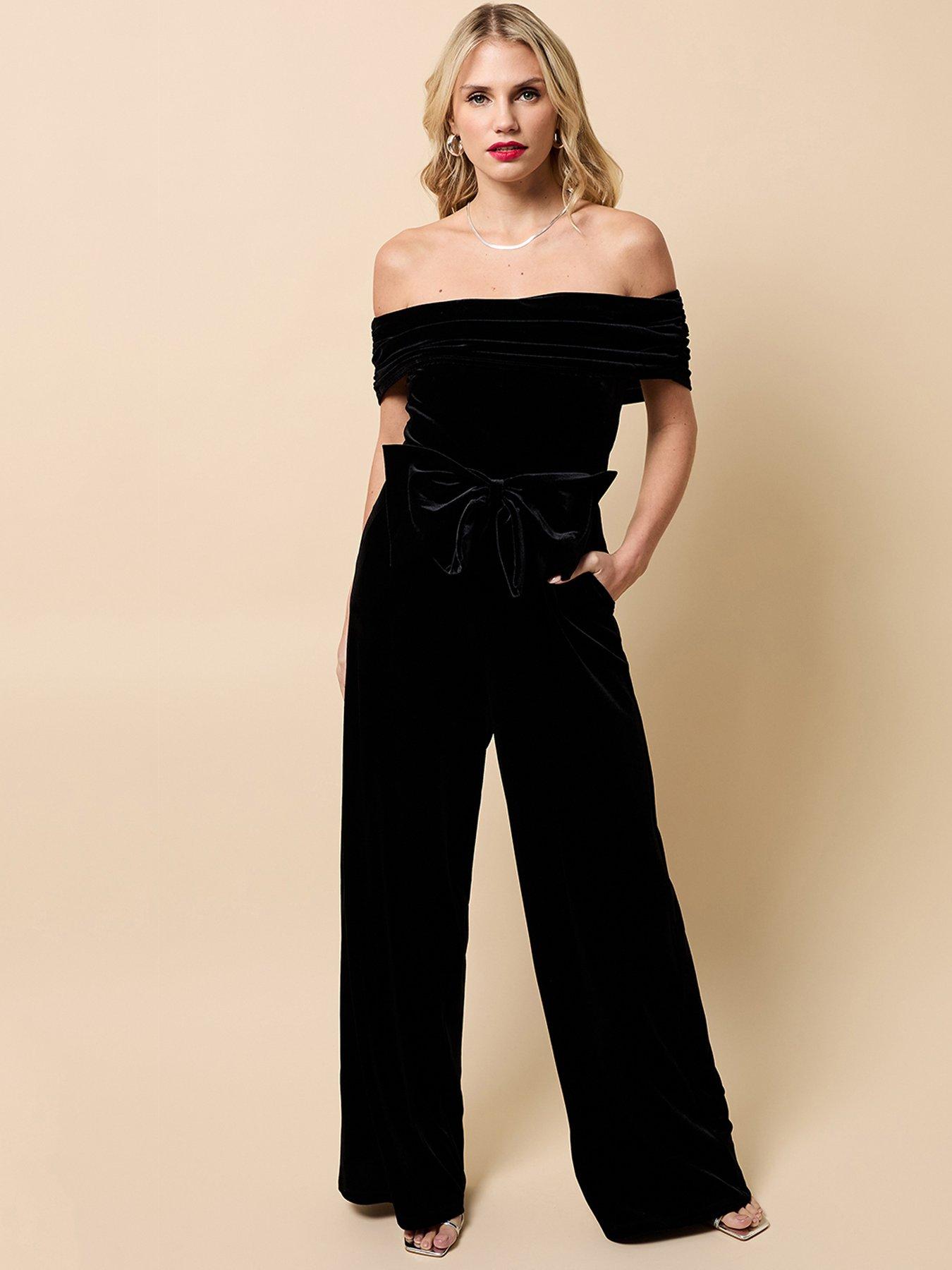 Little Mistress Velvet Bow Detail Bardot Jumpsuit - Black