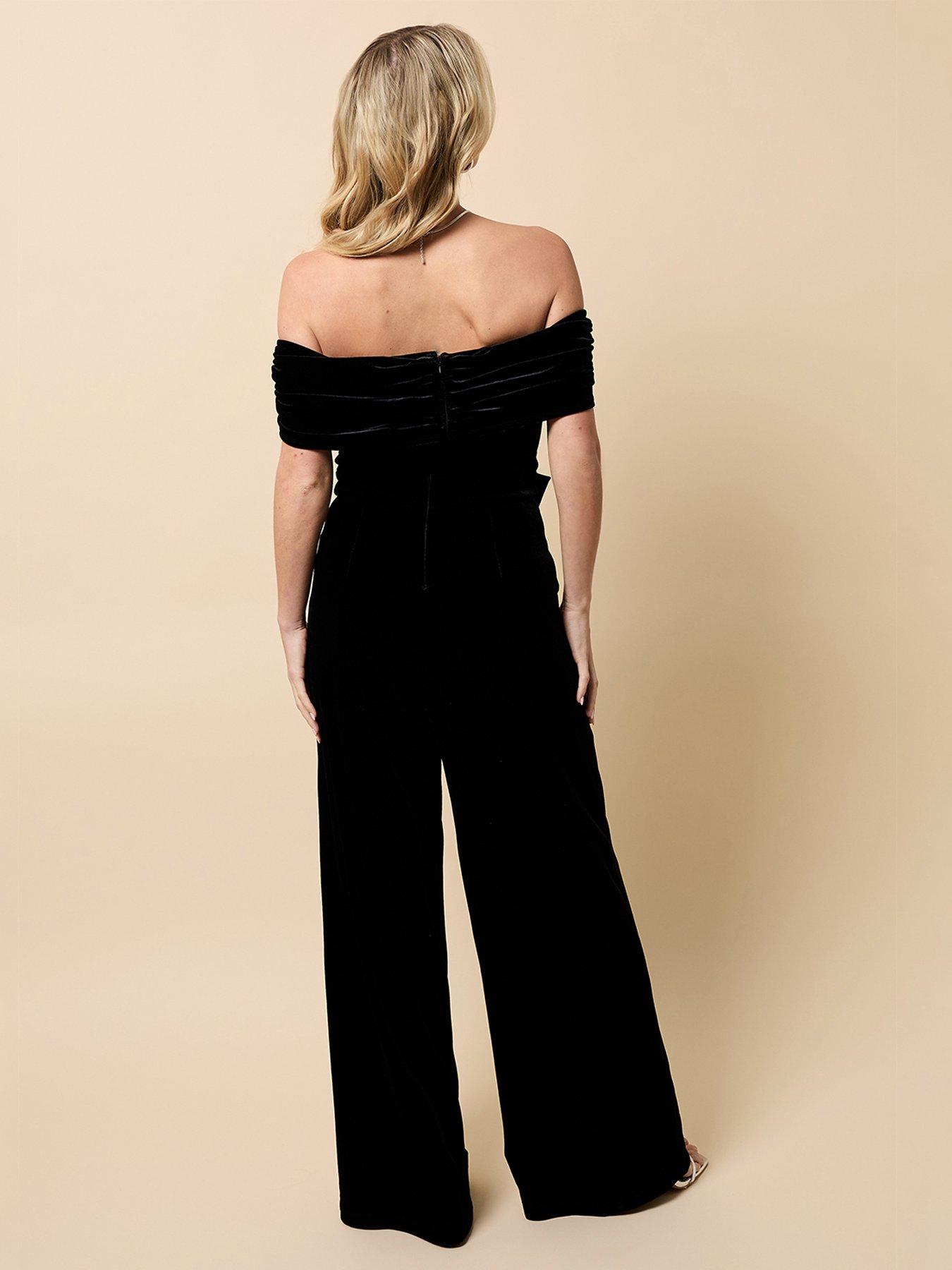 Little Mistress Velvet Bow Detail Bardot Jumpsuit Black Very