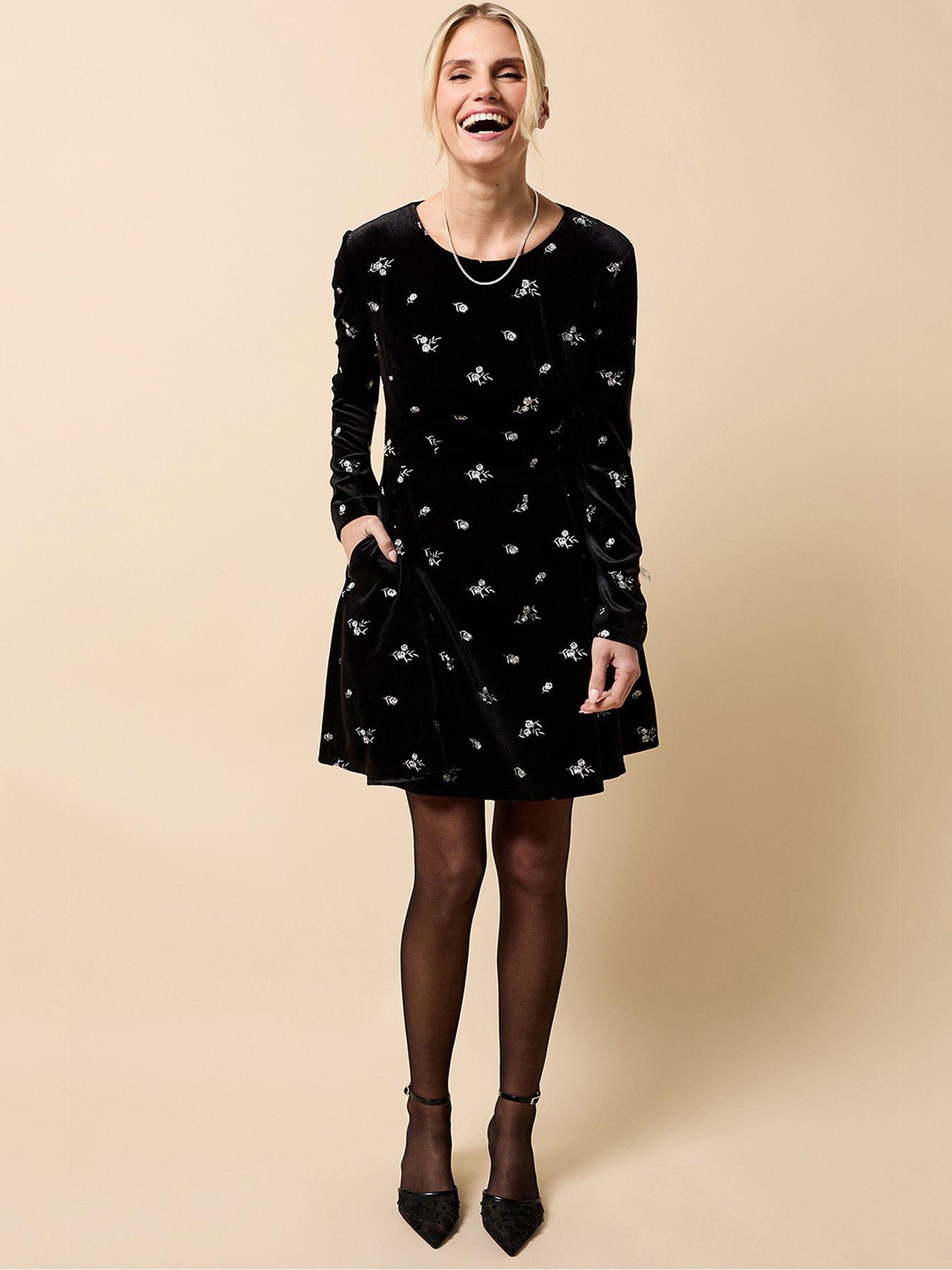 Little Mistress Velvet Embroidered Mini Dress - Black