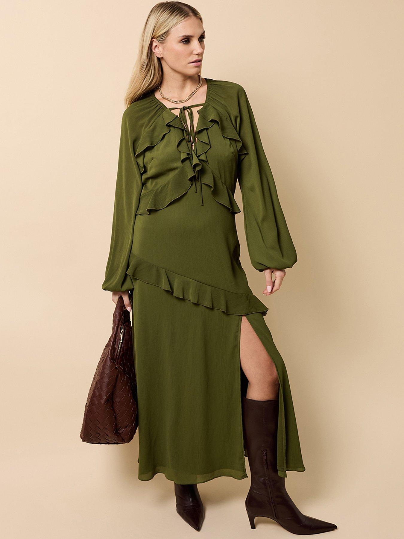 Little Mistress Khaki Chiffon Ruffle Maxi Dress - Green