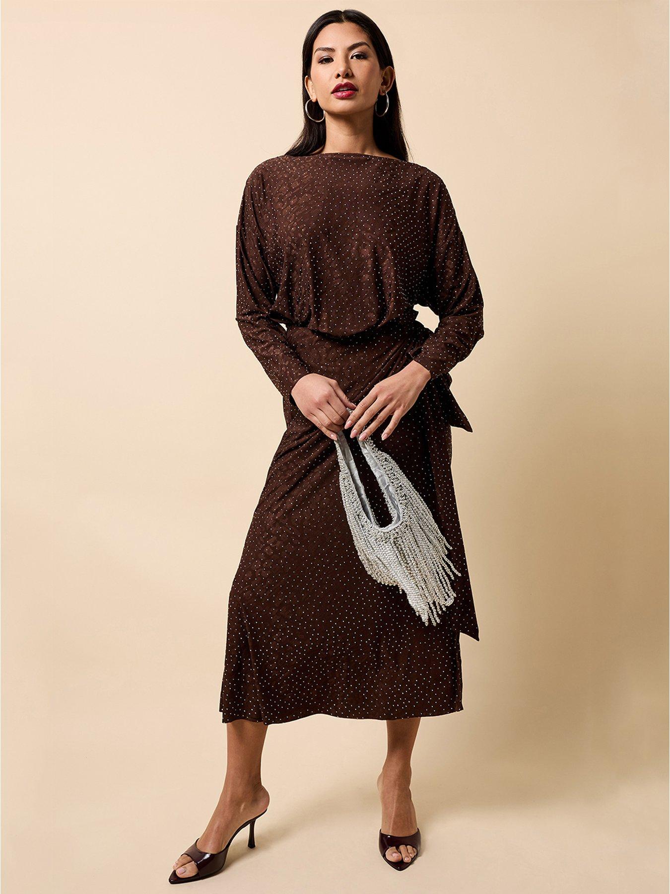 Little Mistress Chocolate Animal Texture Gem Wrap Midaxi Dress - Brown