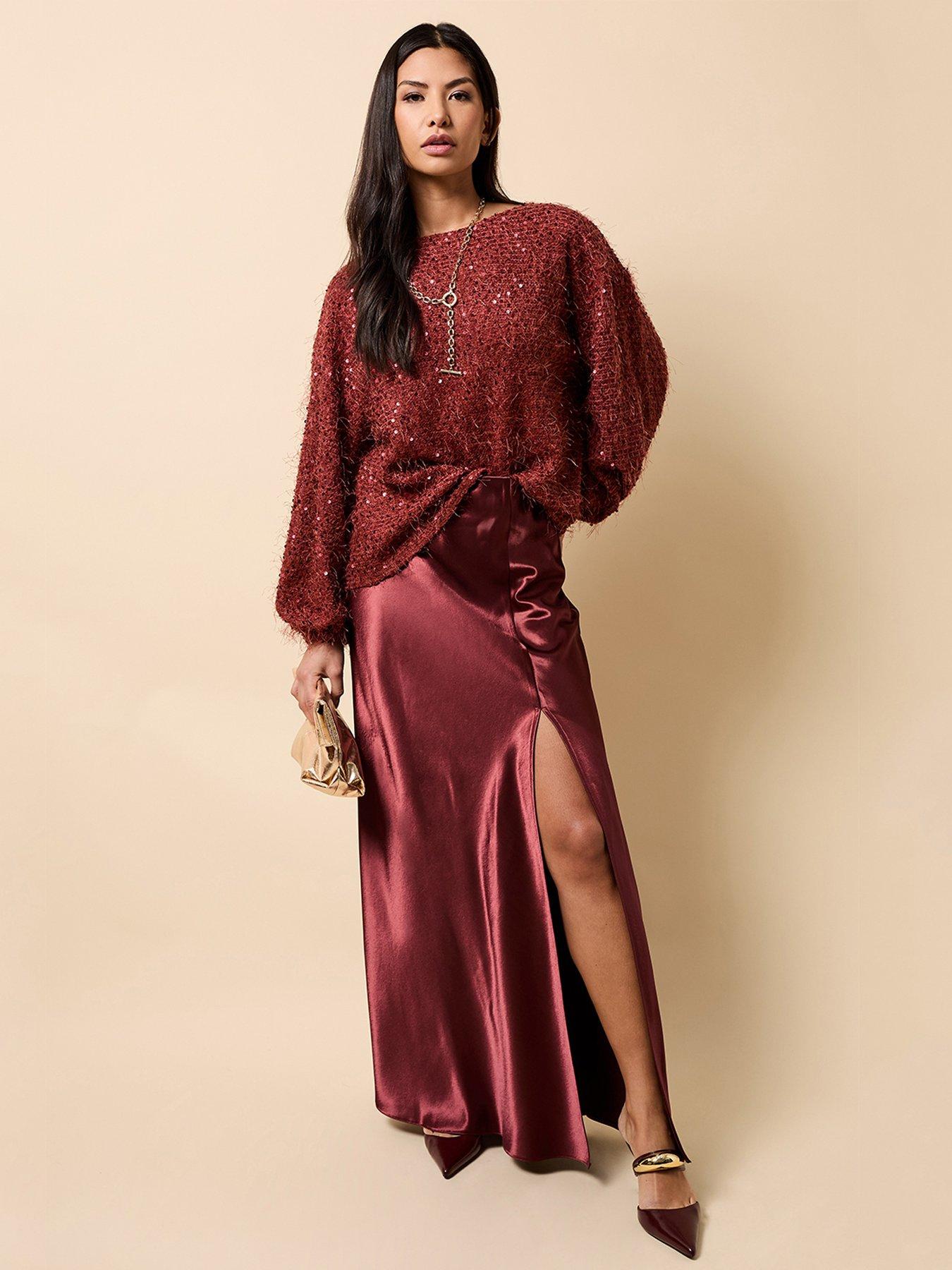 Image 1 of 4 of Little Mistress Cherry Satin Maxi Skirt - Red