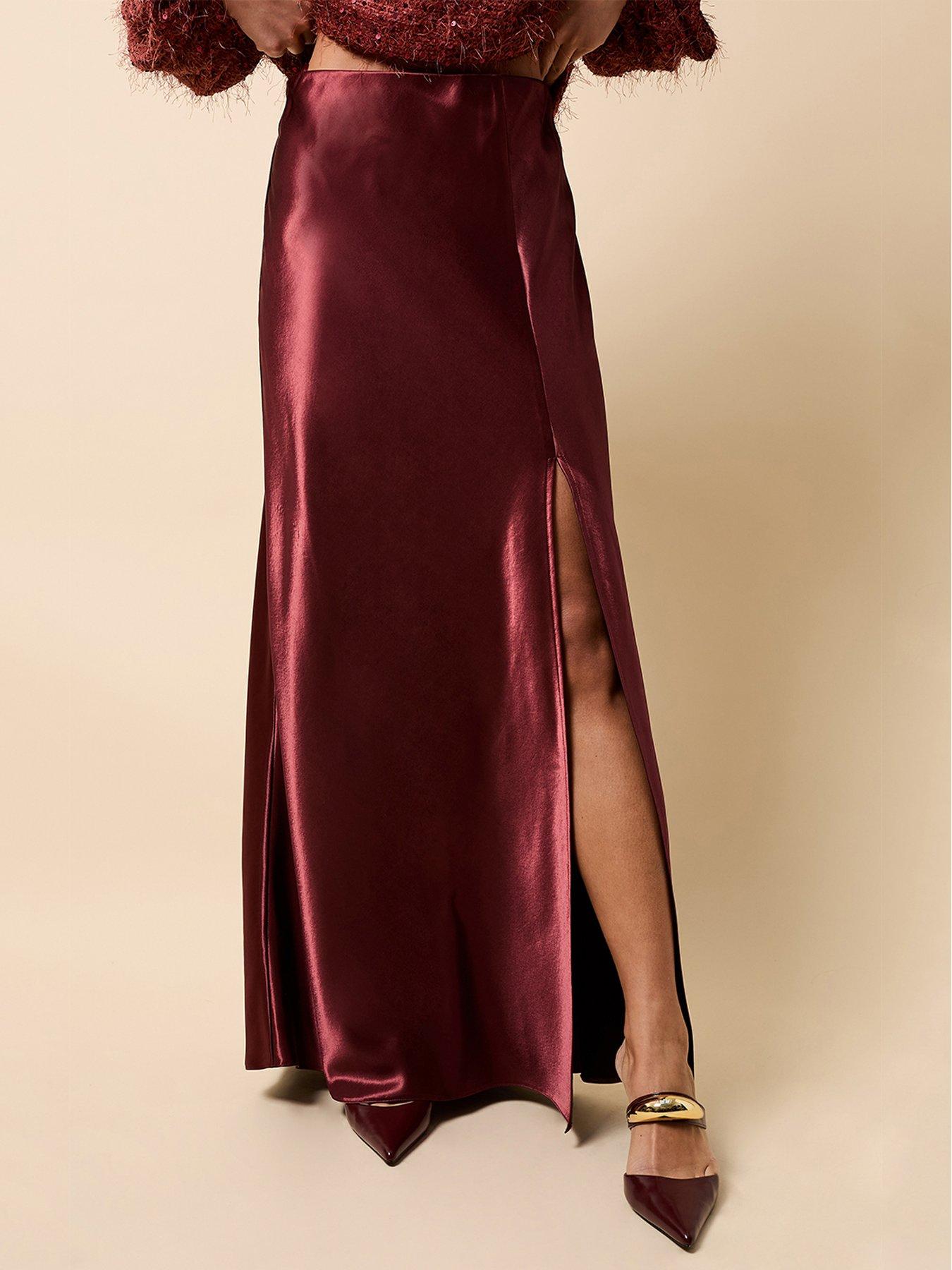 Image 3 of 4 of Little Mistress Cherry Satin Maxi Skirt - Red