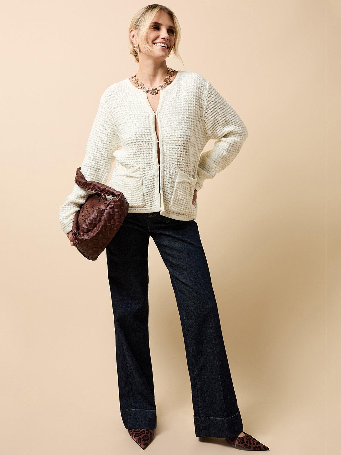 Little Mistress Knitted Bow Pocket Detail Cardigan - Cream