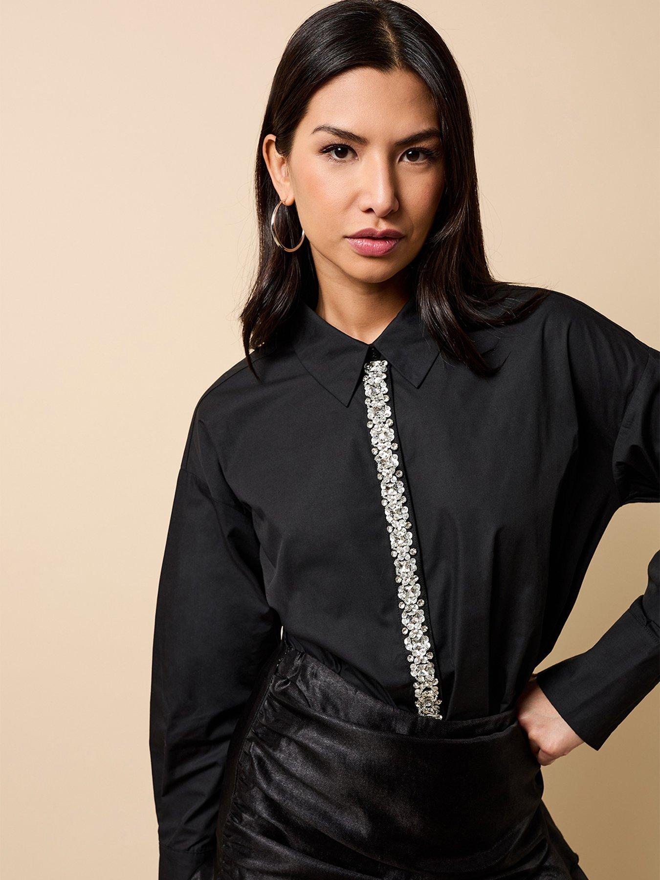 Little Mistress Embellished Trim Detail Shirt - Black