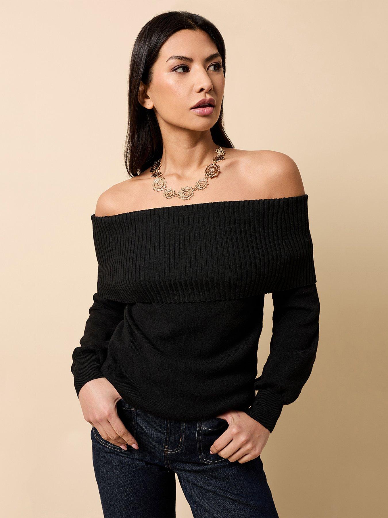 little-mistress-knitted-bardot-jumper-blackfront