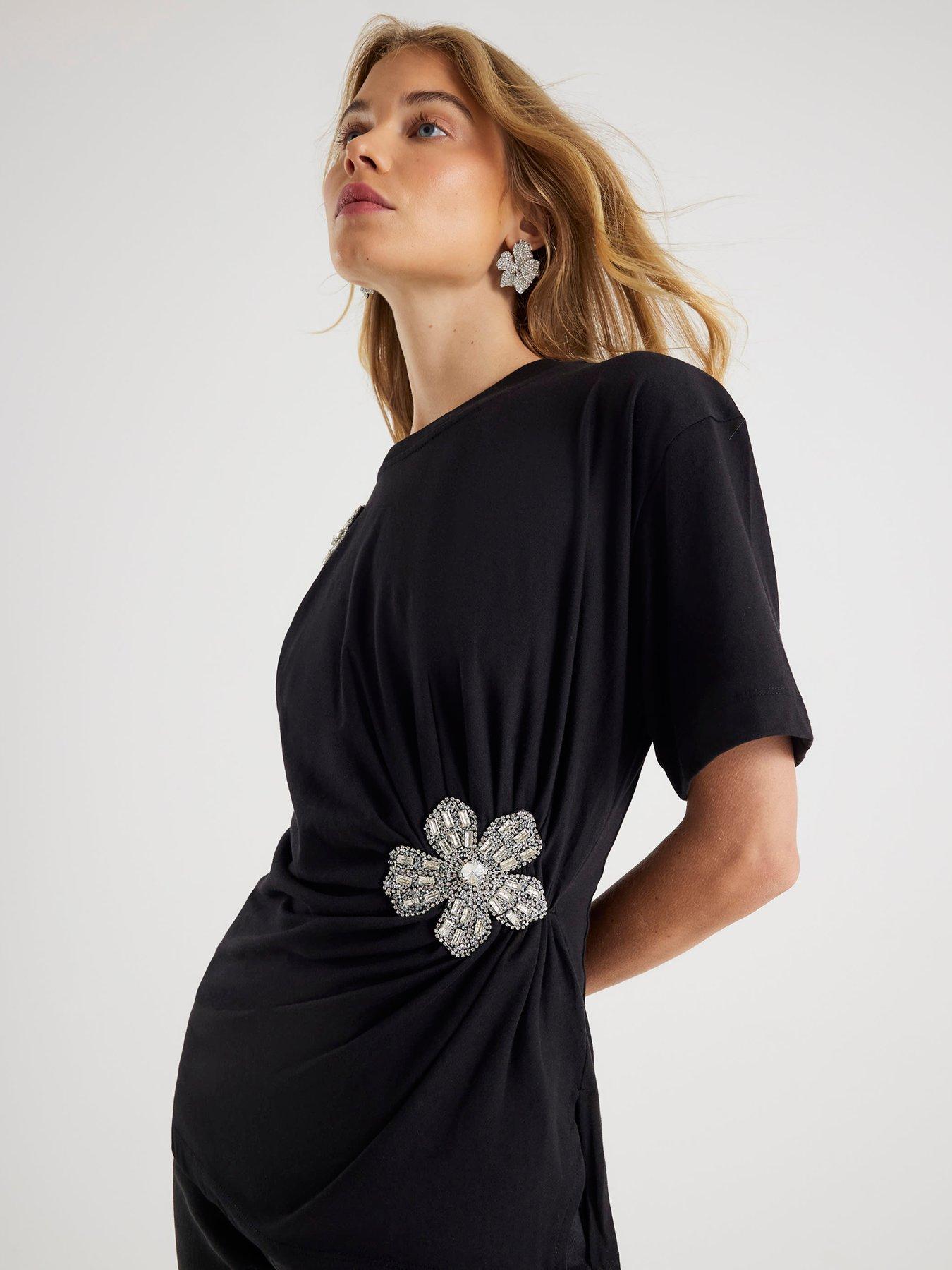 River Island Short Sleeve Diamante Floral Cinched T-Shirt - Black