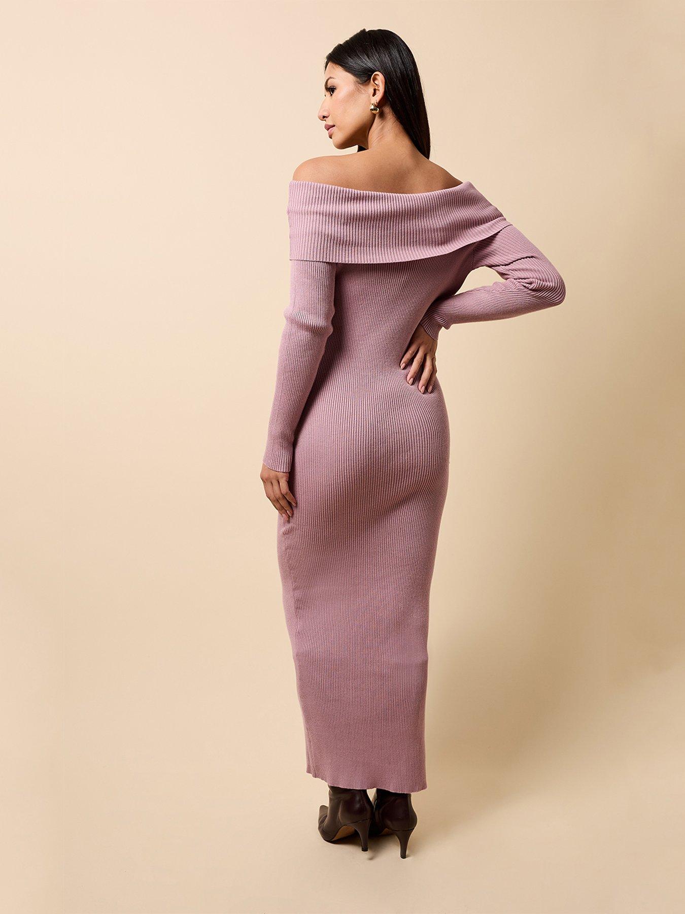 Image 2 of 4 of Little Mistress Knitted Bardot Maxi Dress - Mink