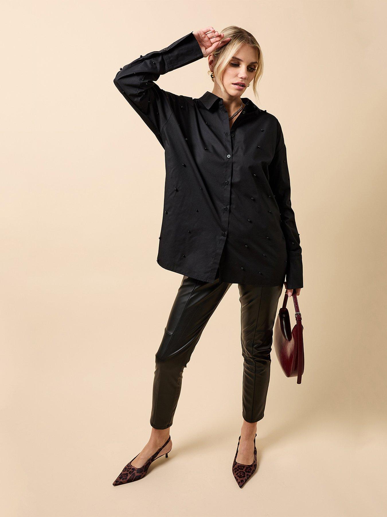 Little Mistress Cotton Pearl Embelished Shirt - Black