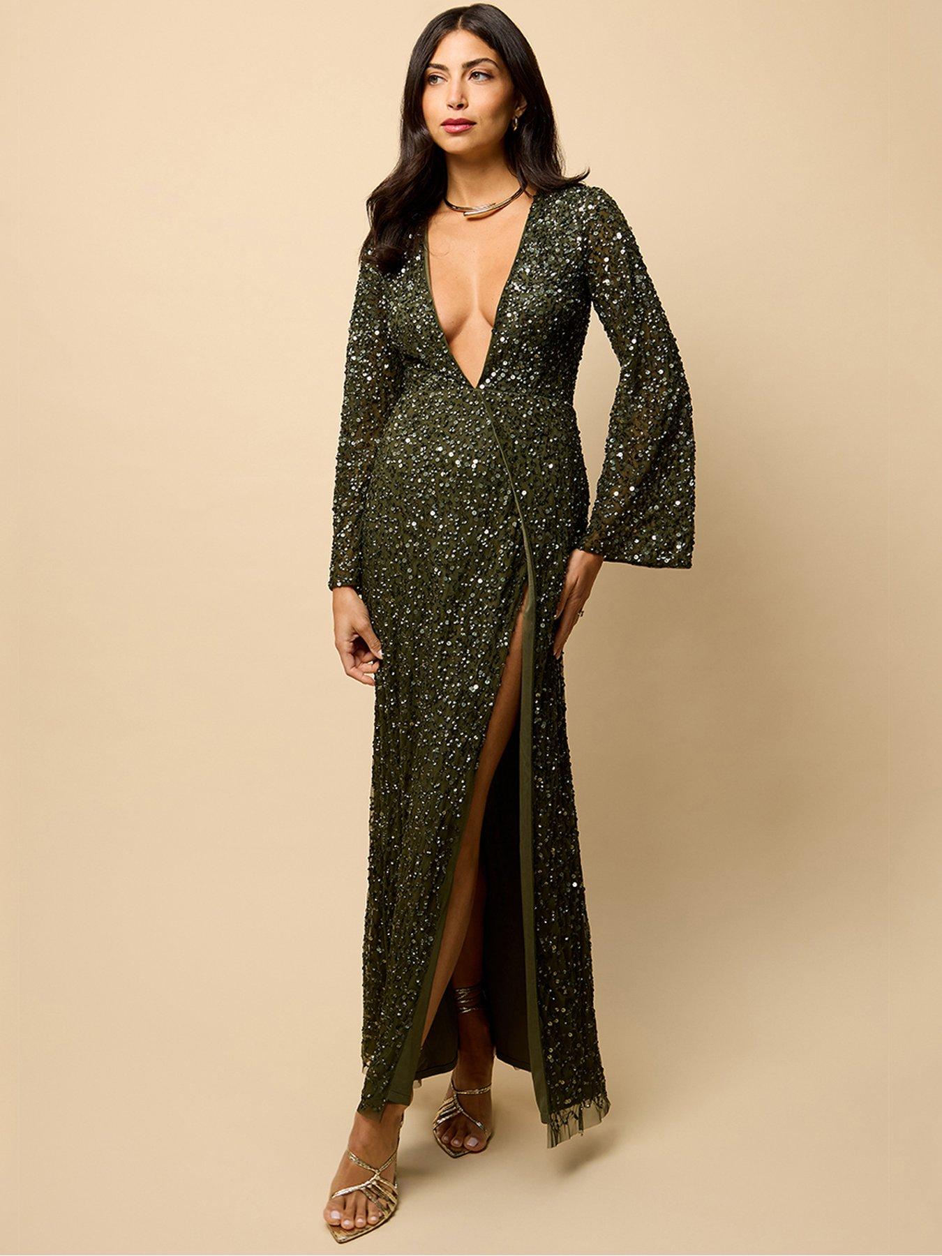 Little Mistress Olive Wrap Embellished Maxi Dress - Green