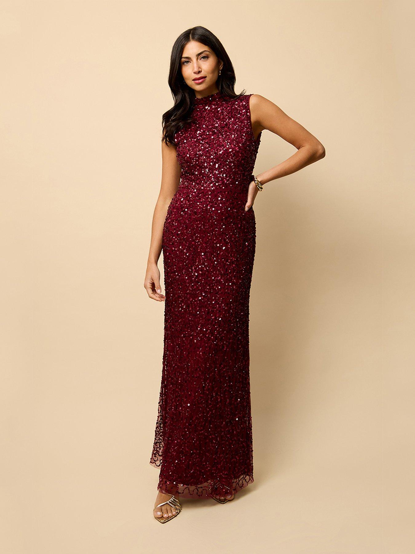 Little Mistress High Neck Open Back Embellished Maxi Dress - Red