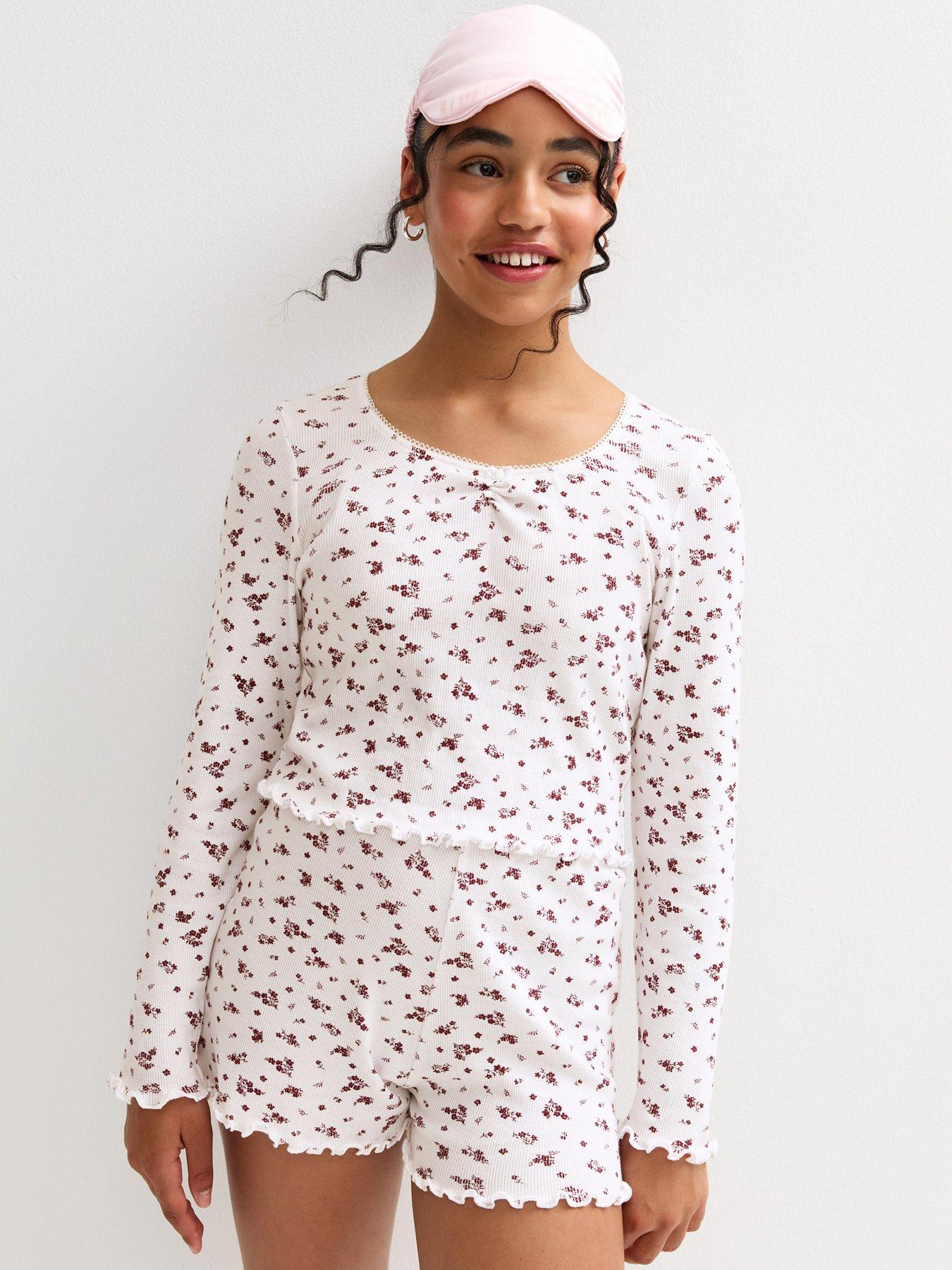 New Look 915 Girls Ditsy Print Long Sleeve Ribbed Top And Short Pyjama Set - White