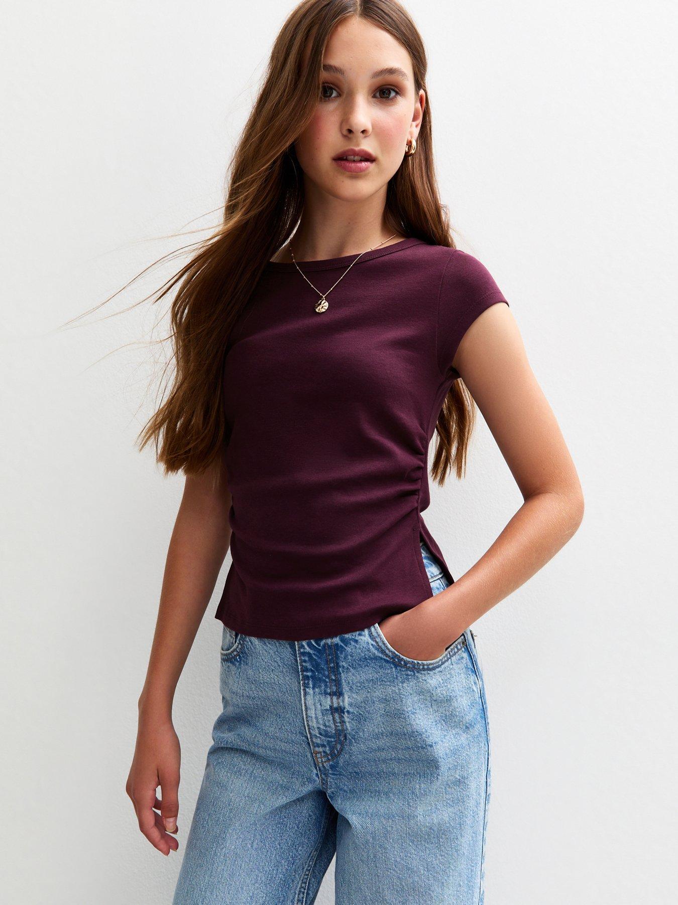 new-look-915-girls-split-side-ruched-cap-sleeve-top-dark-red