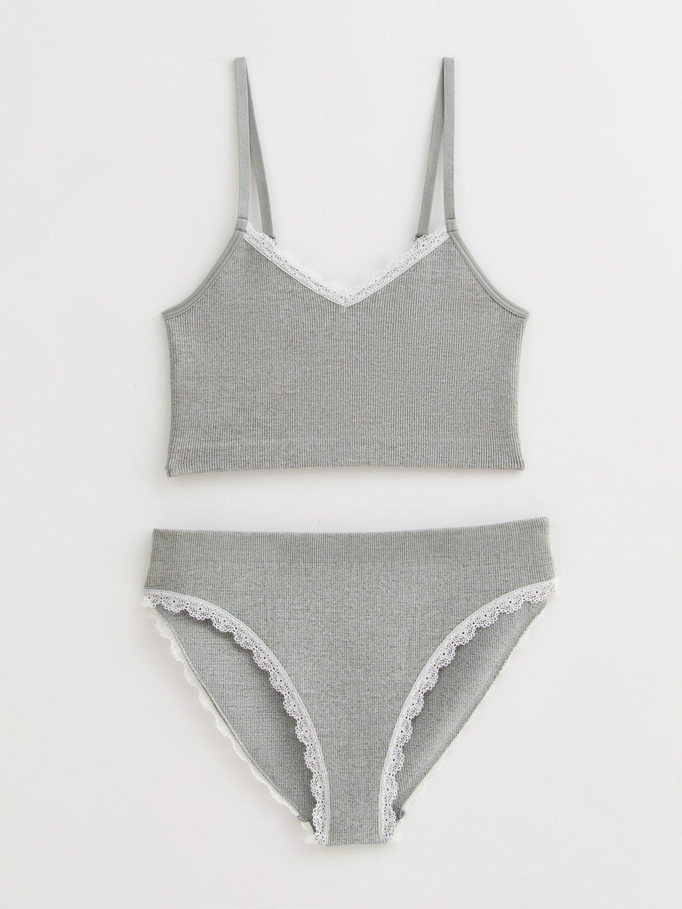 Image 1 of 1 of New Look 915 Girls Ribbed Pointelle Trimmed Crop Top And Briefs Set - Grey