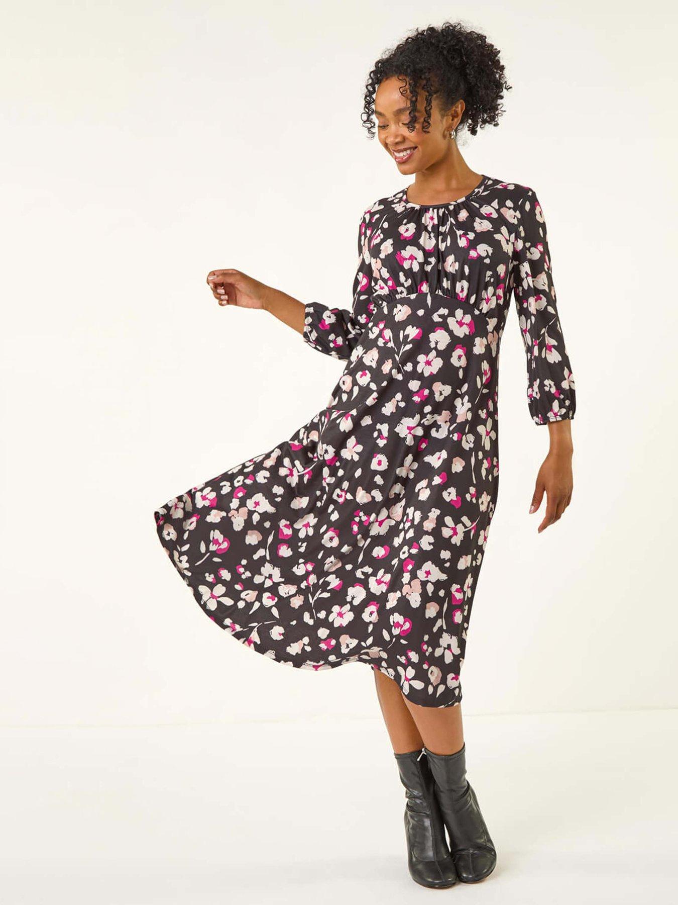 roman-petite-floral-gathered-midi-dress-black