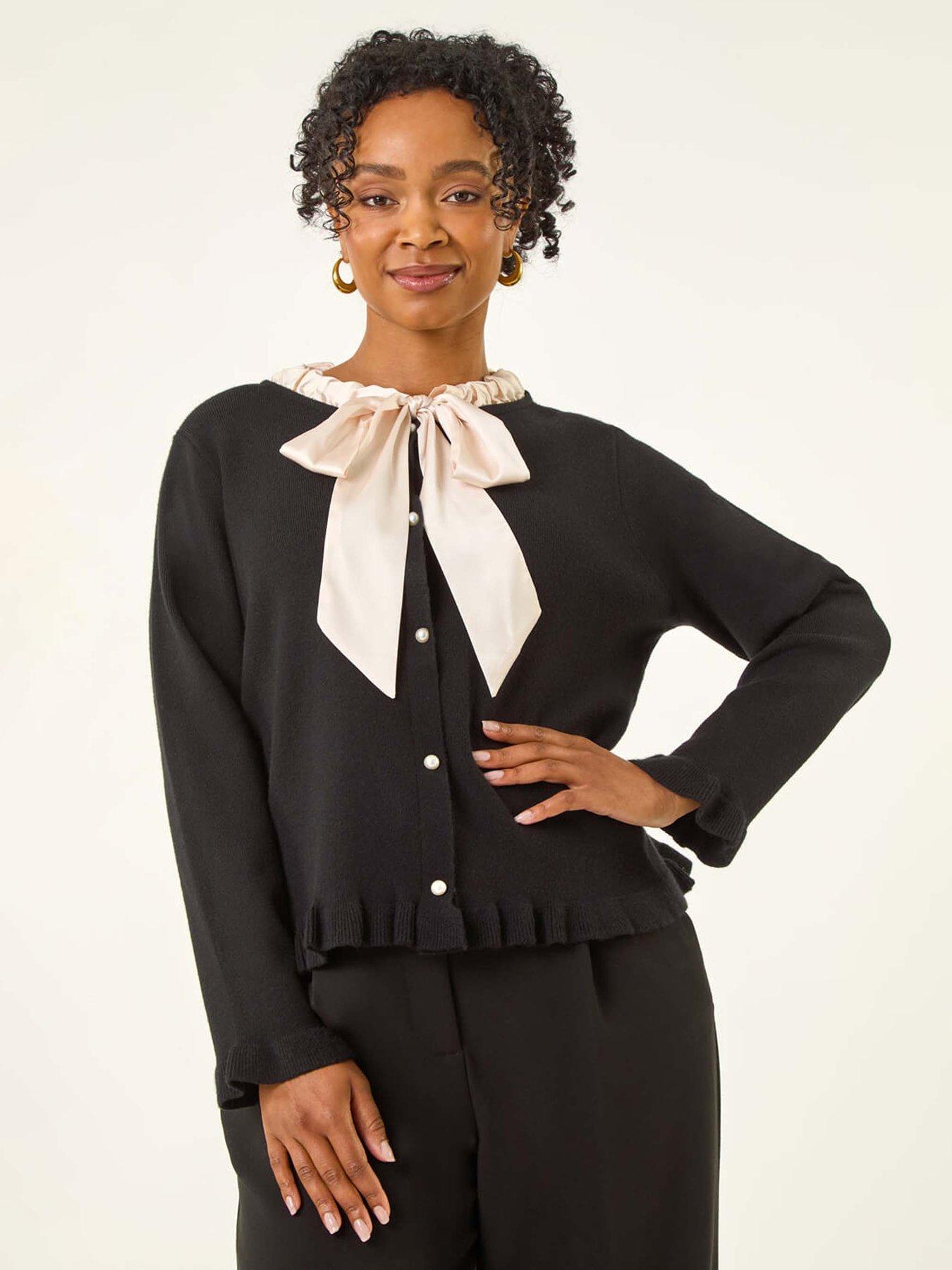 Roman Petite Tie Neck Frill Hem Cardigan - Black