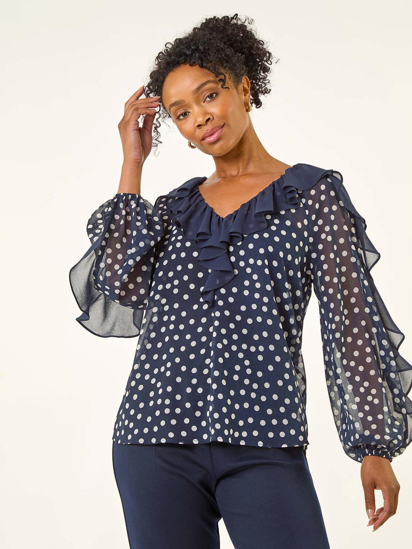 Roman Petite Spot Print Frill Top - Navy
