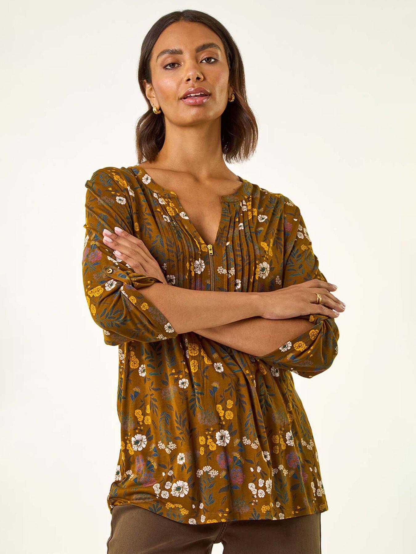 roman-textured-floral-pintuck-tunic-top-yellow